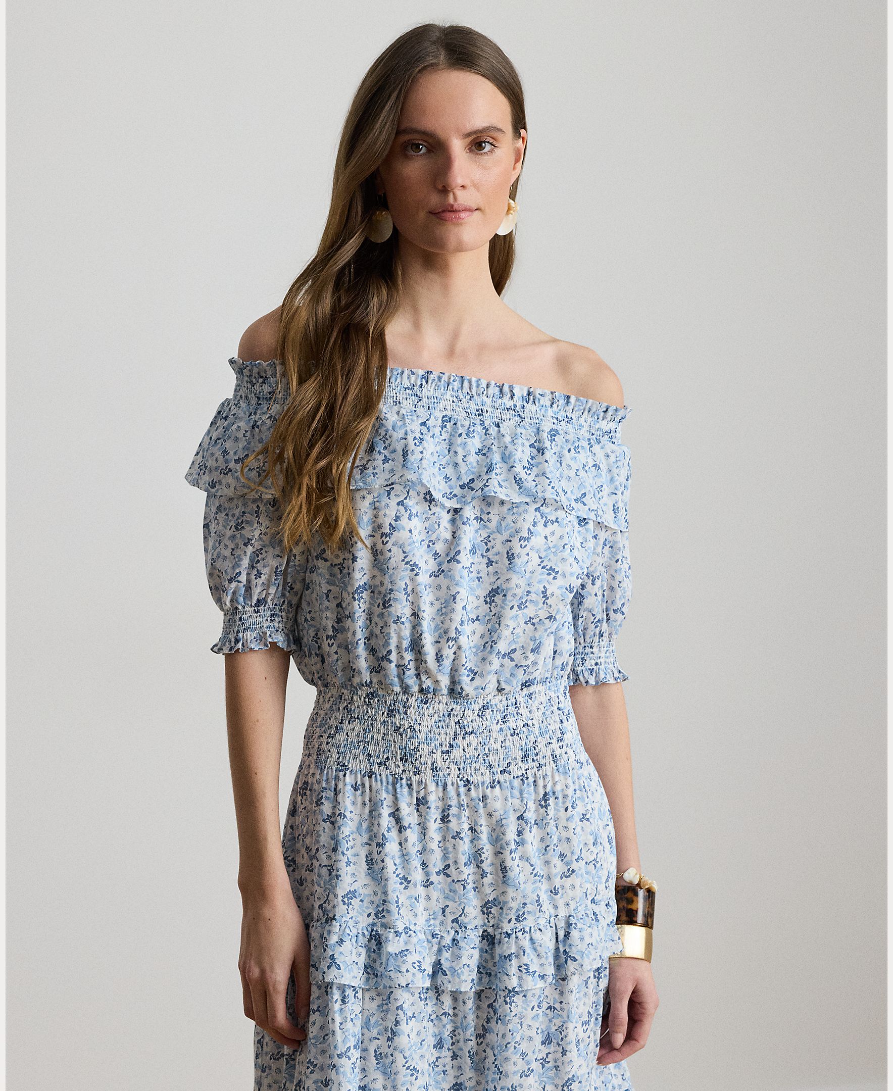 Vestido midi de algodão estampado Azul / Branco-3