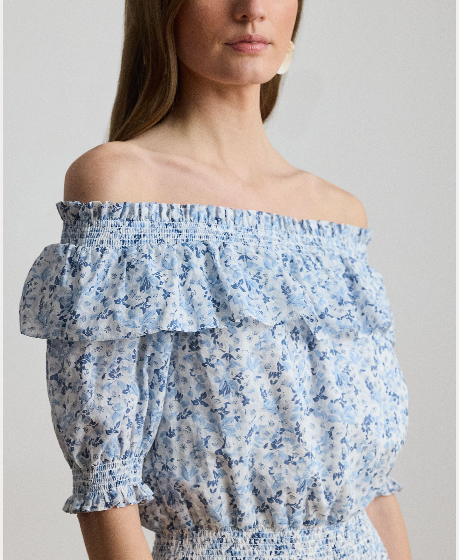 Vestido midi de algodão estampado Azul / Branco-4