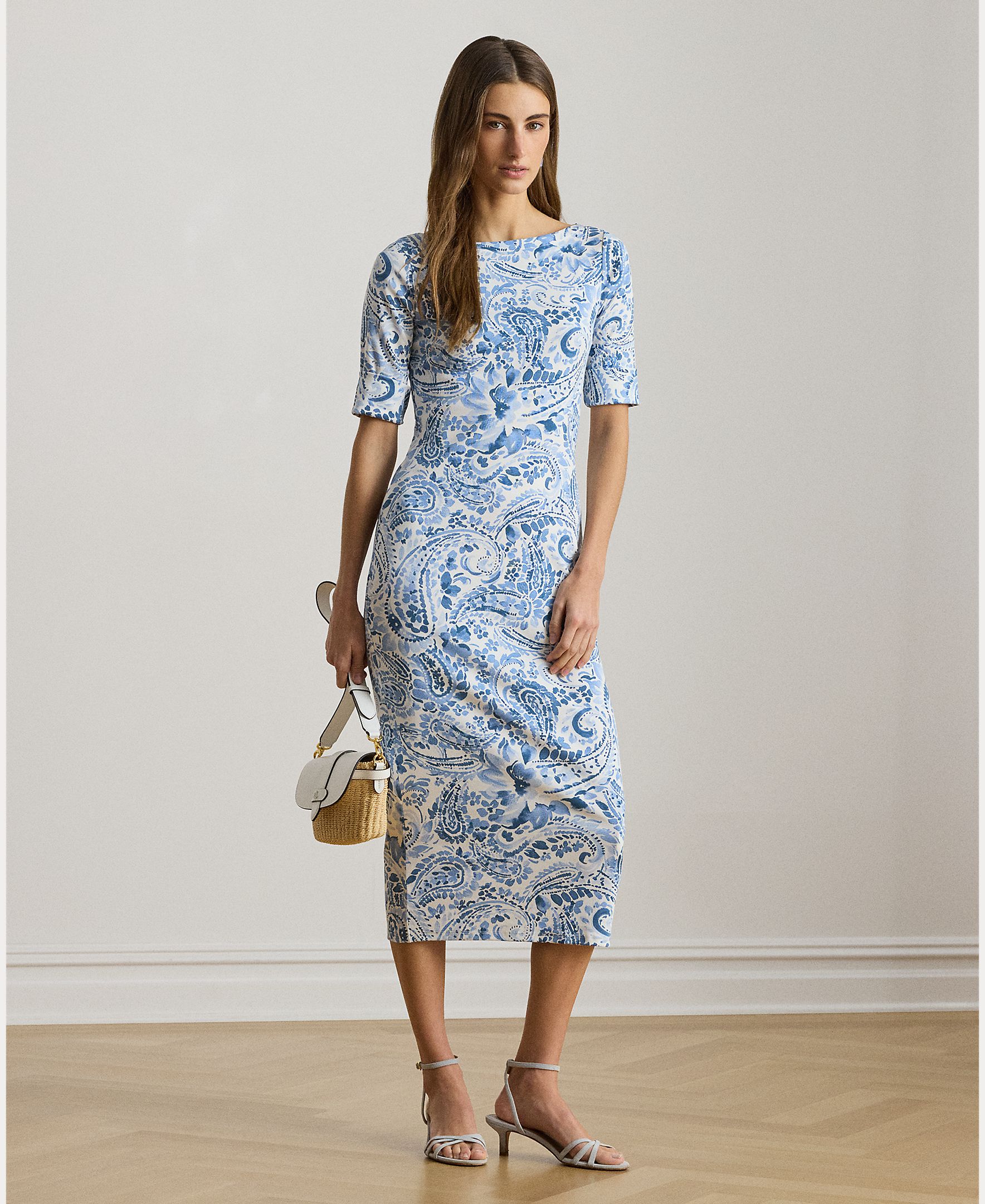 Vestido Midi de Algodão Elástico com Decote à Barco Azul / Branco-1