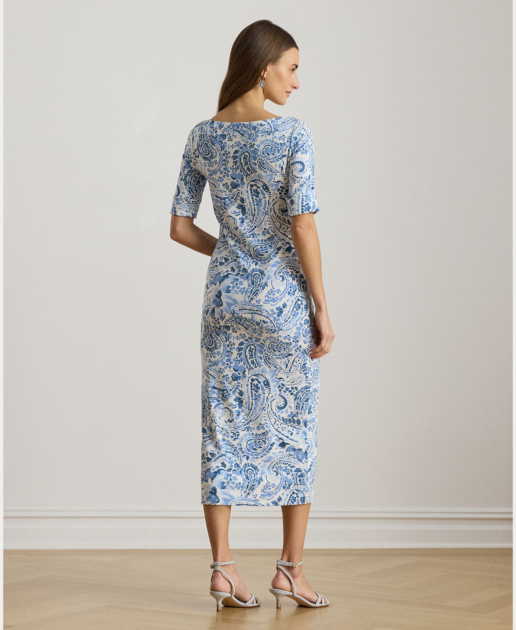 Vestido Midi de Algodão Elástico com Decote à Barco Azul / Branco-2