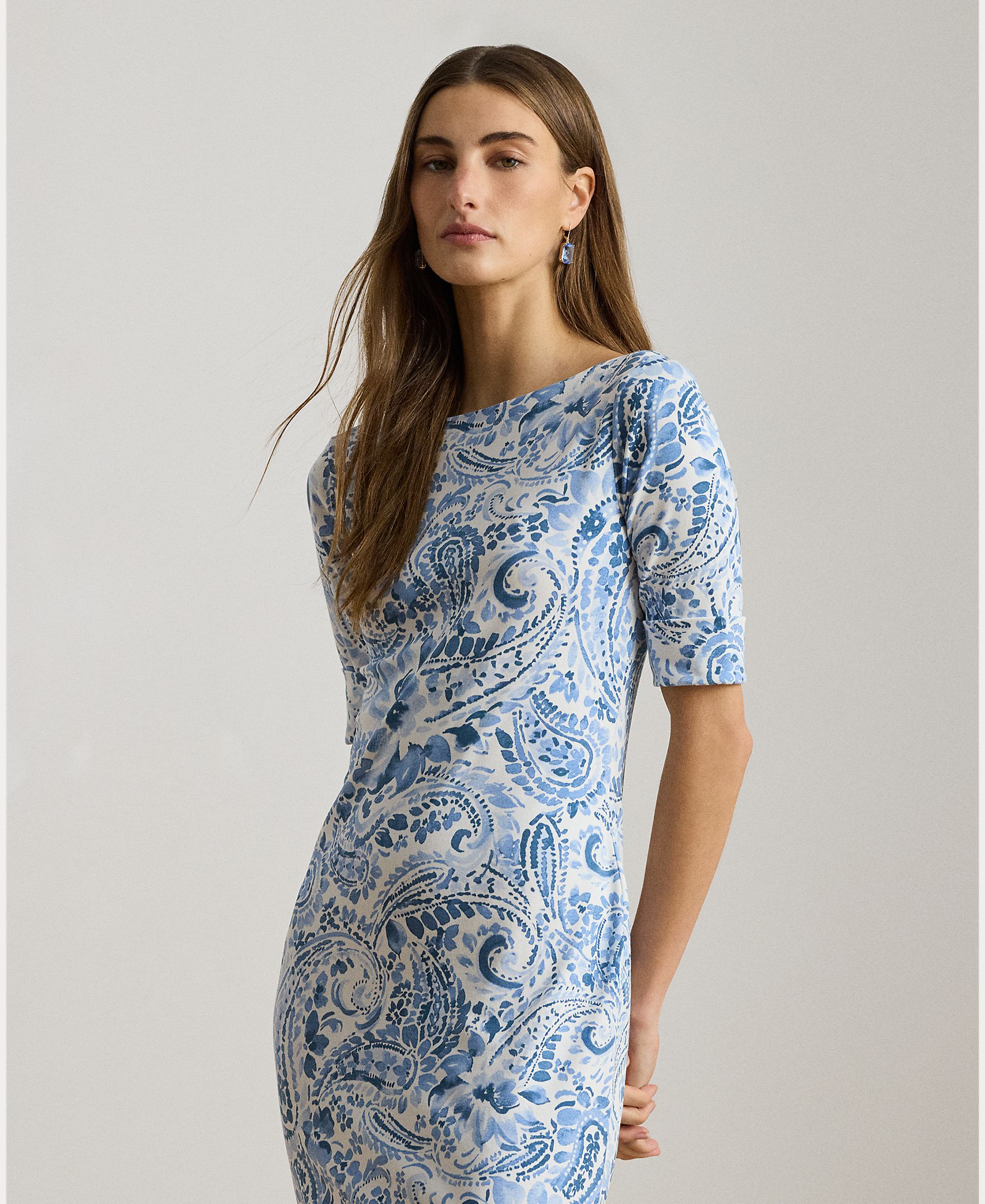 Vestido Midi de Algodão Elástico com Decote à Barco Azul / Branco-3