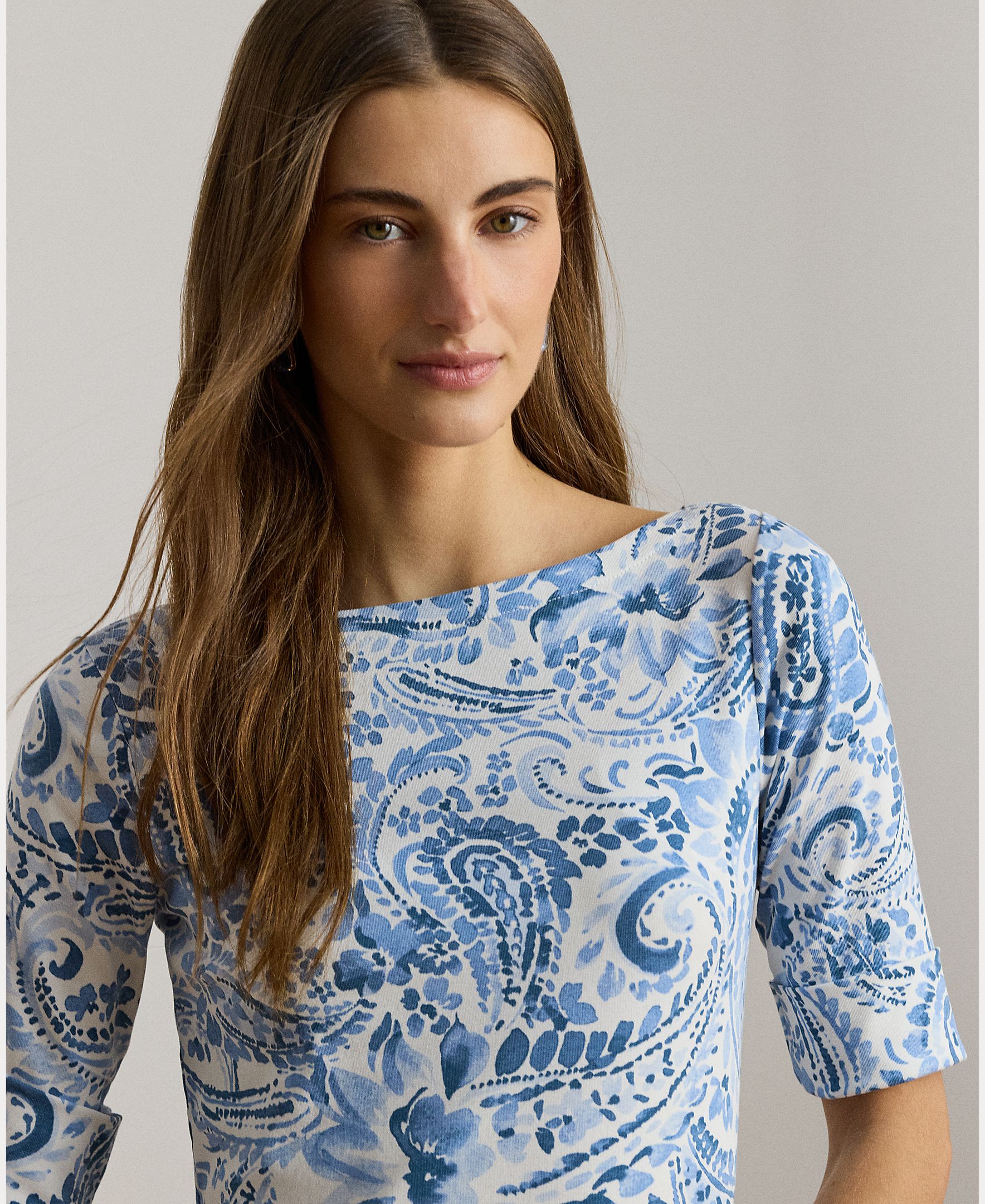 Vestido Midi de Algodão Elástico com Decote à Barco Azul / Branco-4