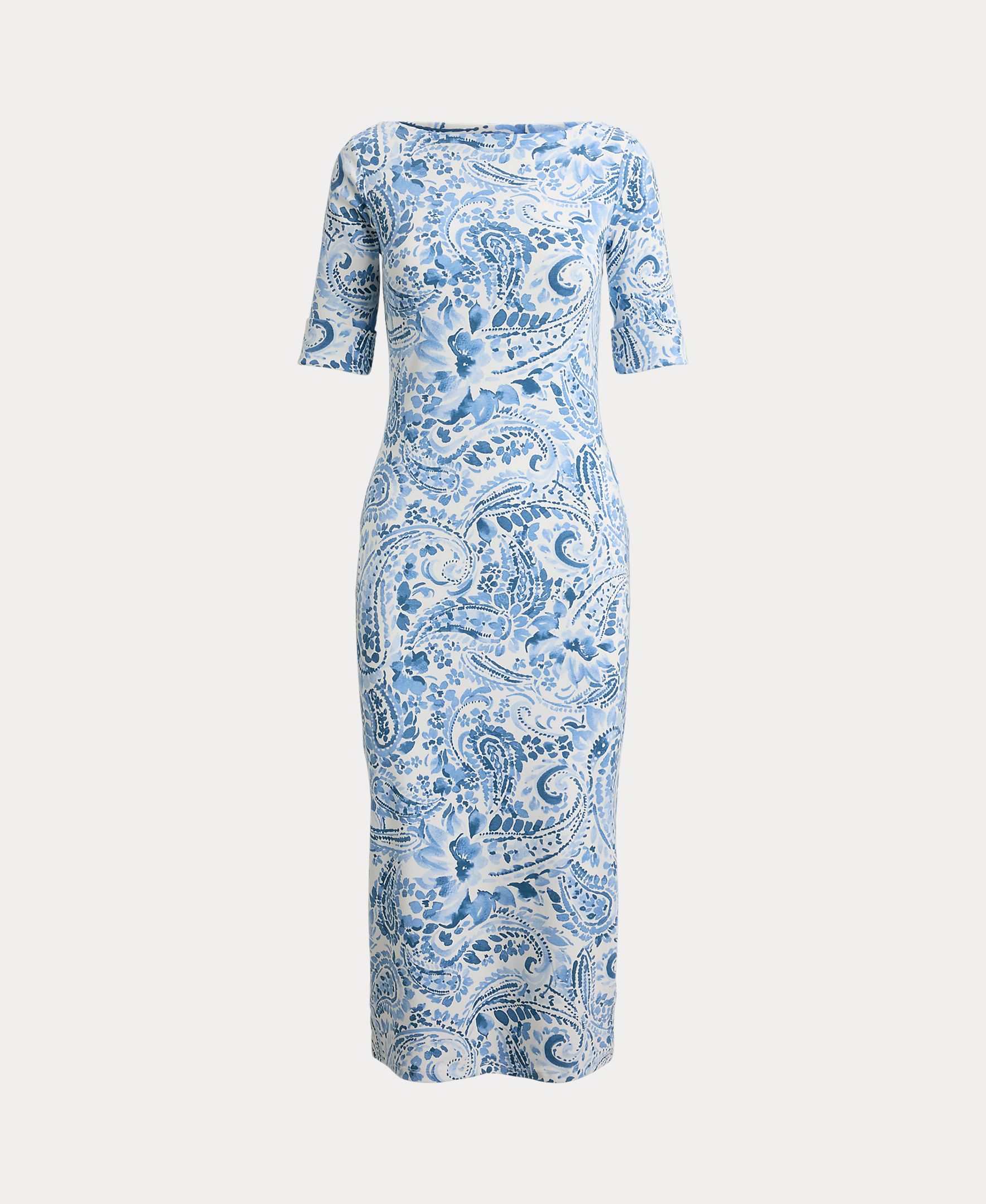 Vestido Midi de Algodão Elástico com Decote à Barco Azul / Branco-5