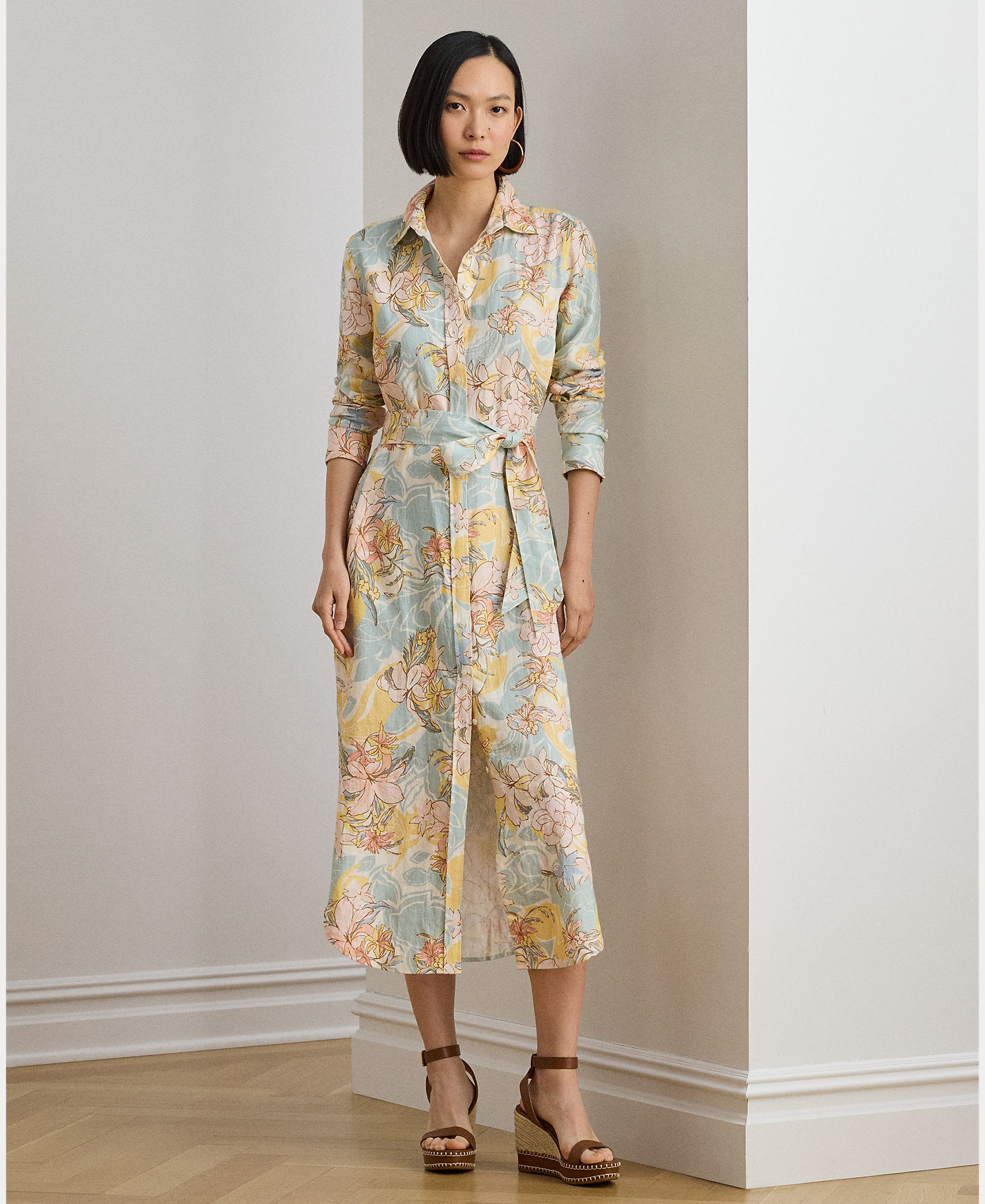 Lauren Ralph Lauren - Vestido midi camisero de lino estampado.