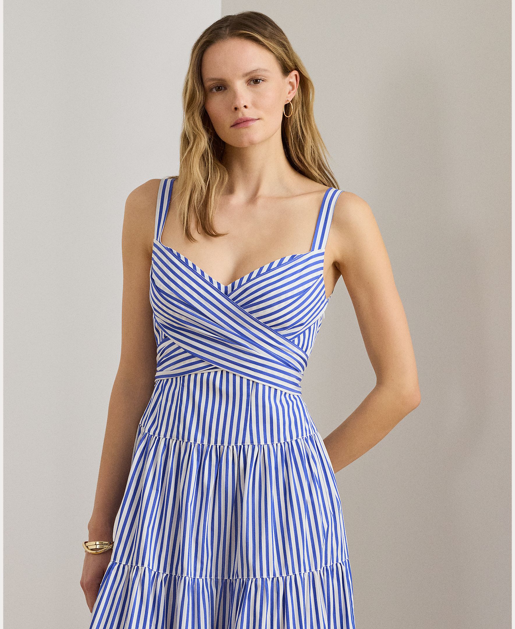 Vestido Midi de Alças com Saia Evasê Azul / Branco-3
