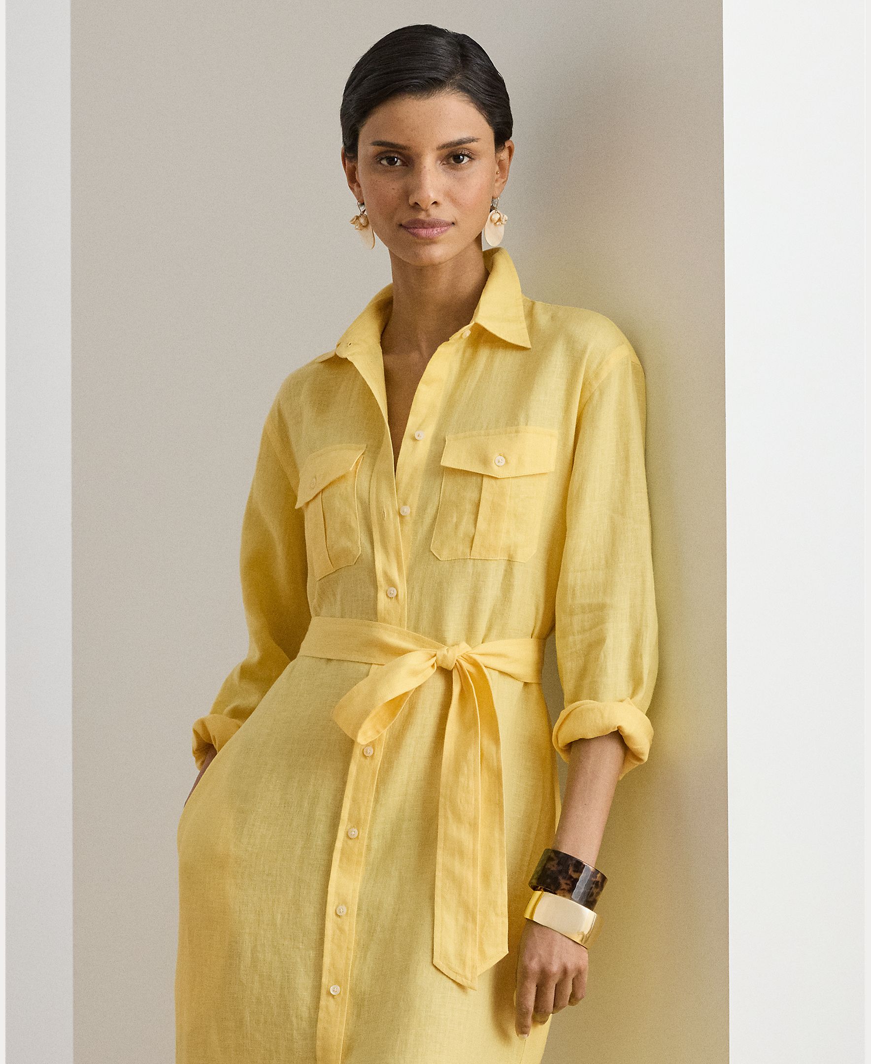 Vestido Camiseiro Midi de Linho Amarelo-3