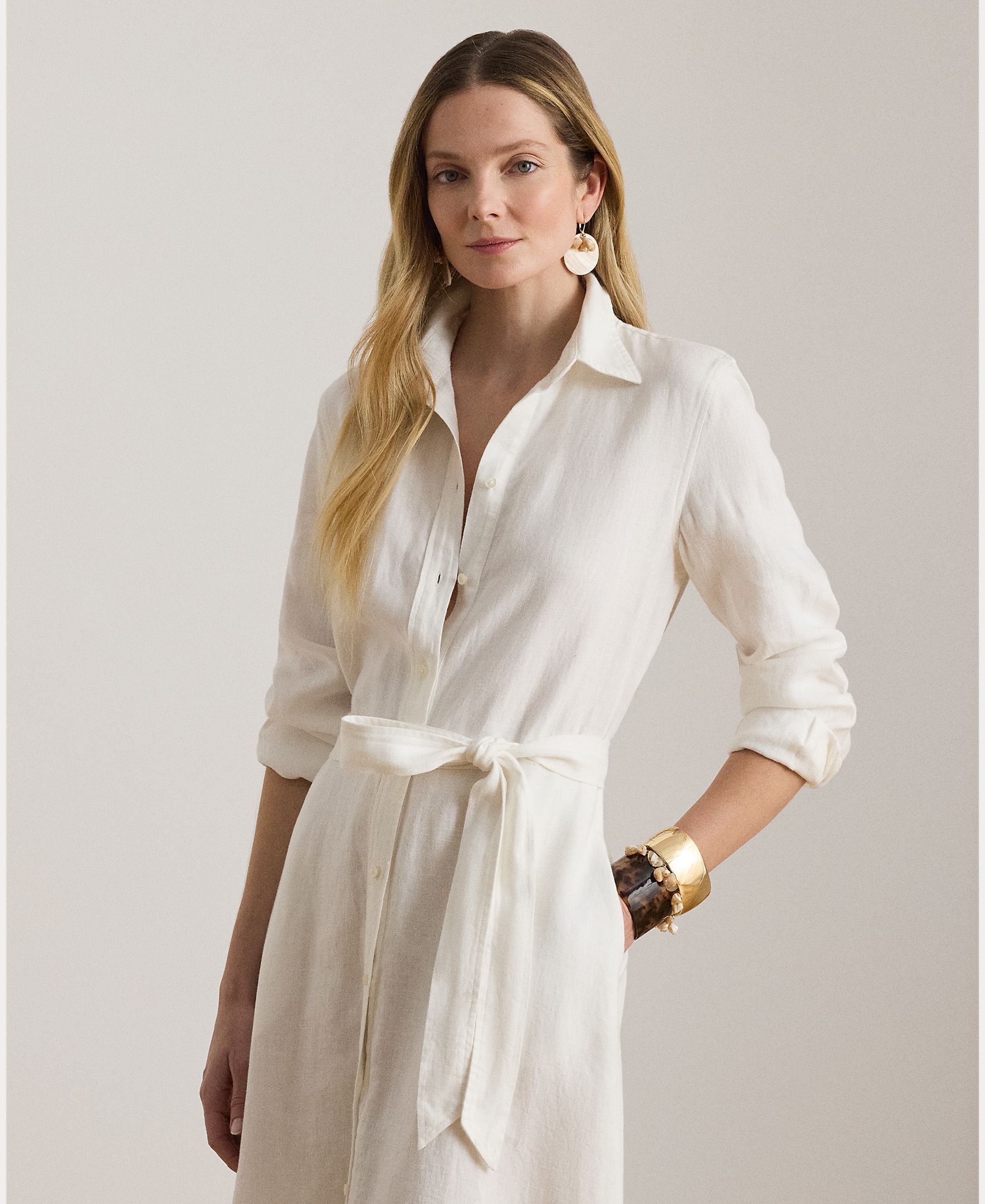 Vestido Camiseiro de Linho com Cinto Branco-3
