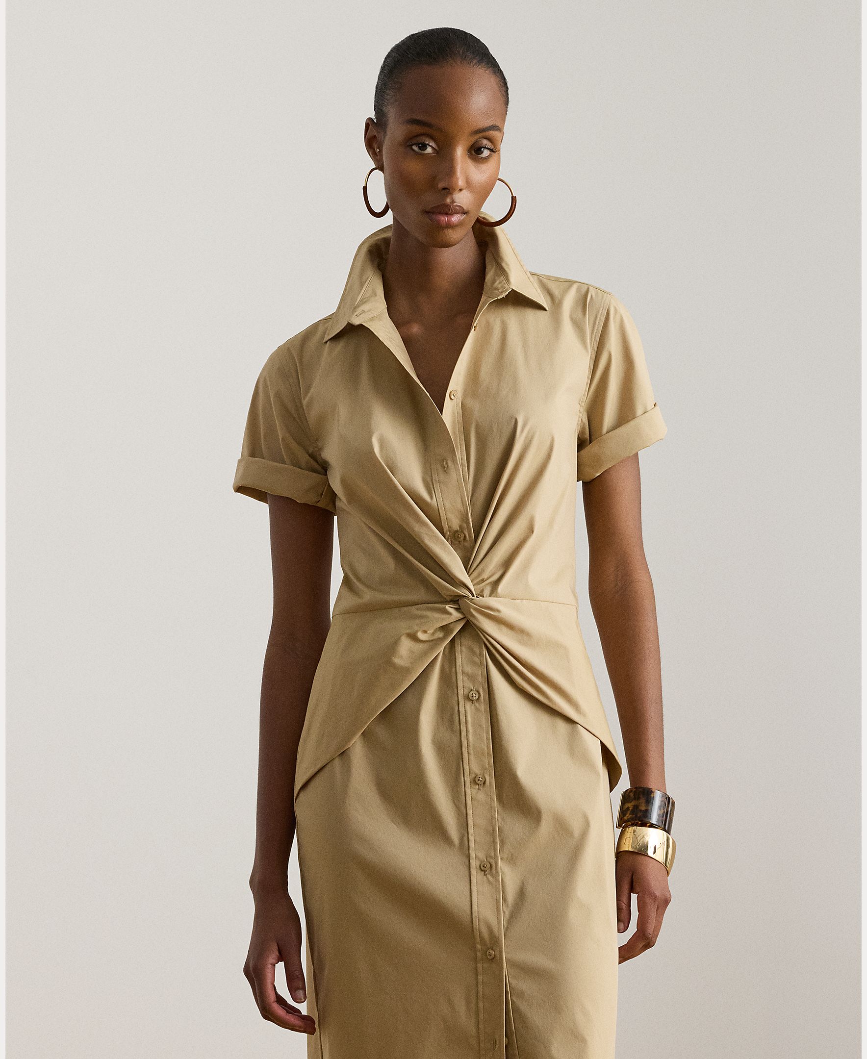 Vestido Camiseiro Midi Atado Bege-4