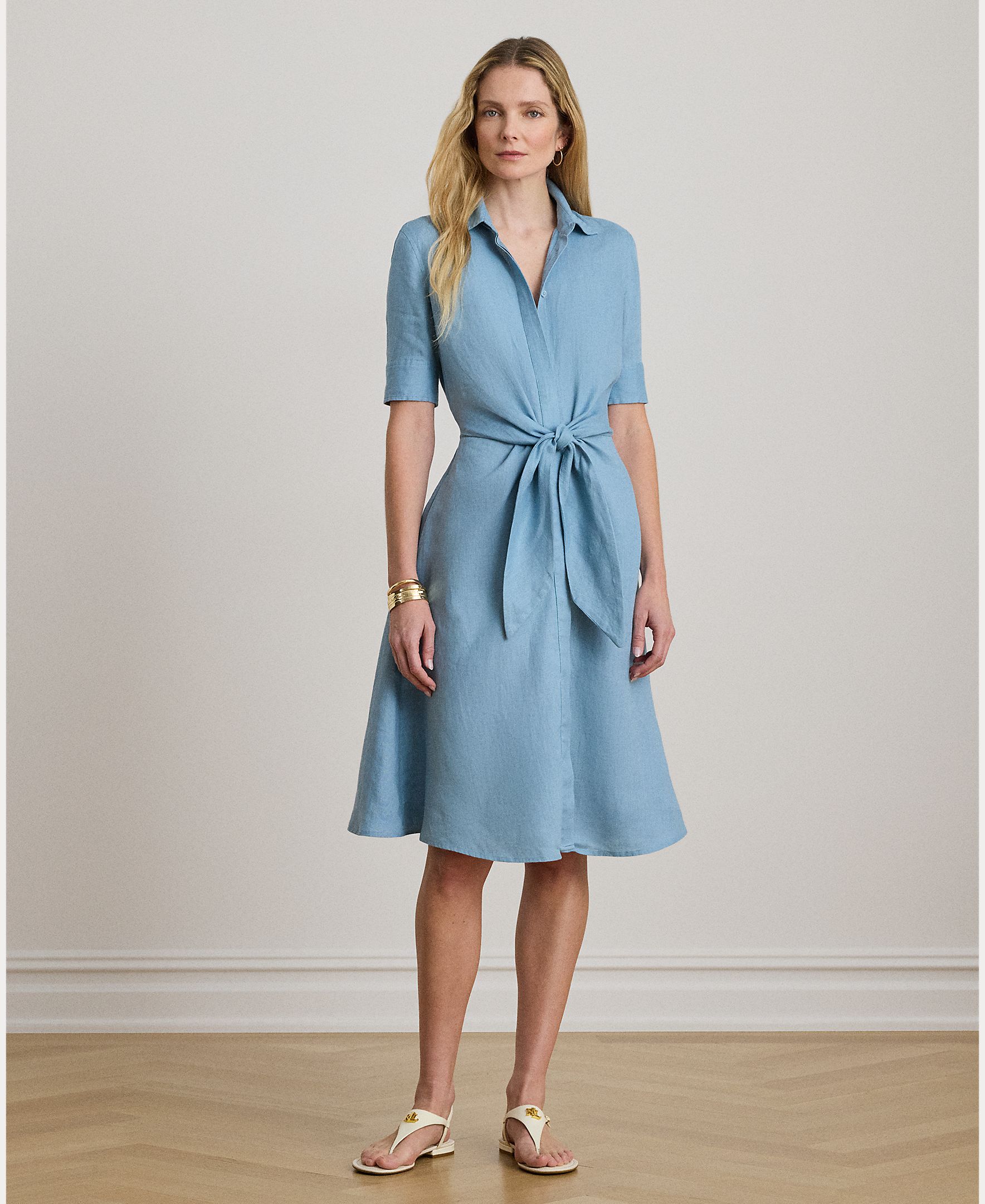 Vestido Camiseiro Midi de Linho Azul-claro-1