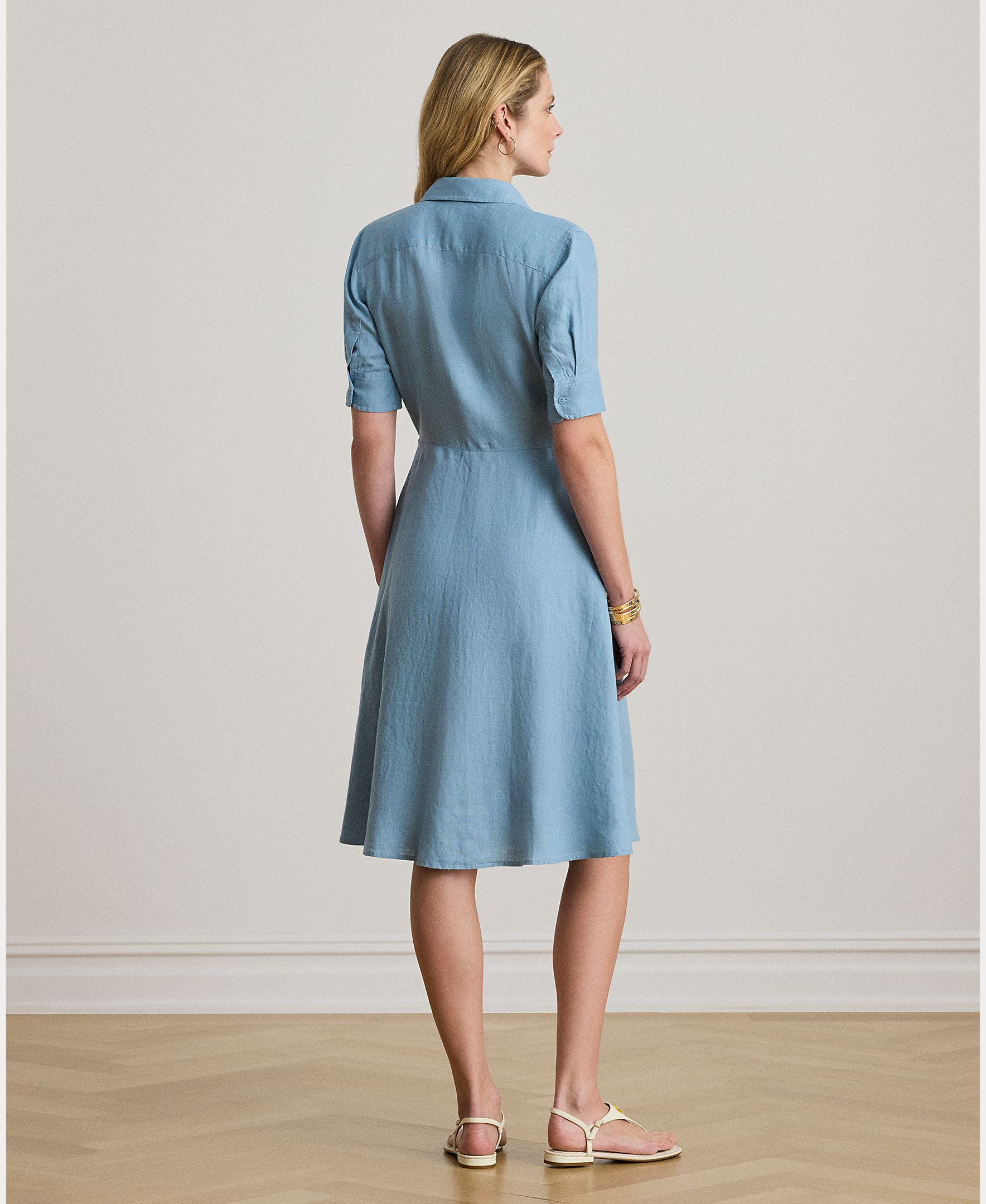 Vestido Camiseiro Midi de Linho Azul-claro-3