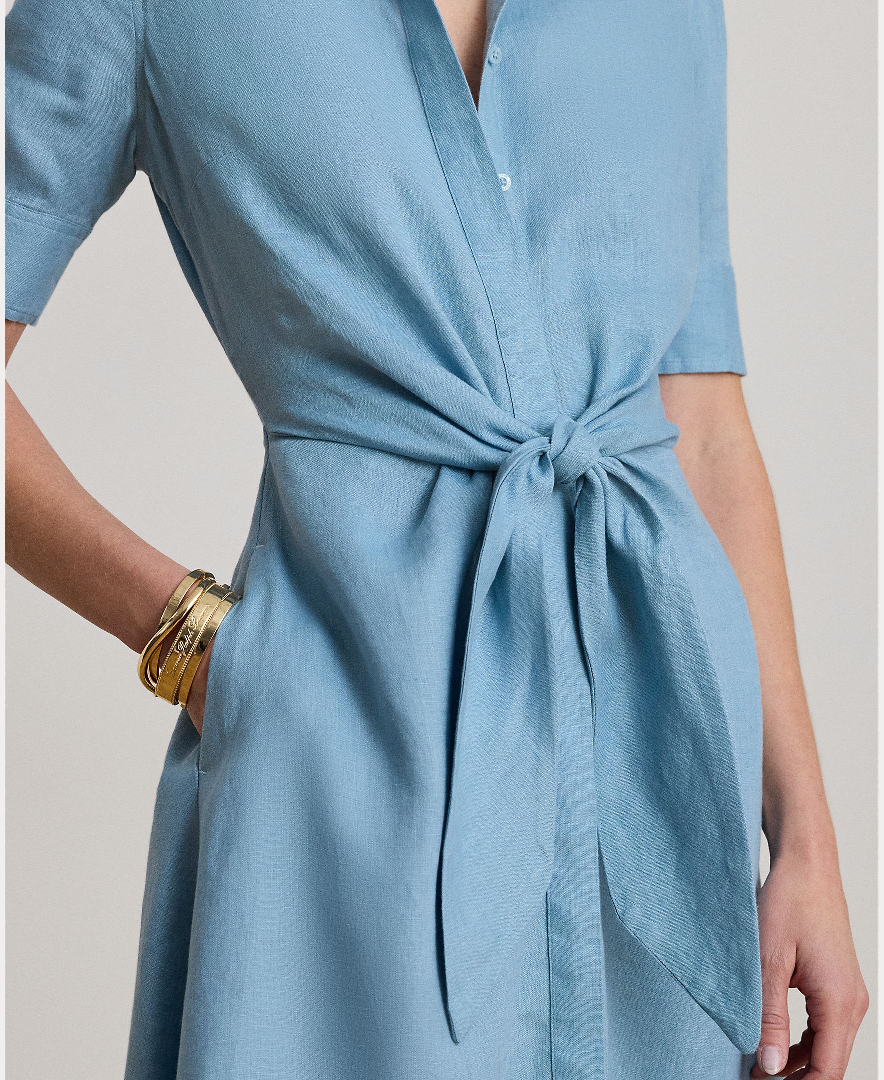 Vestido Camiseiro Midi de Linho Azul-claro-4