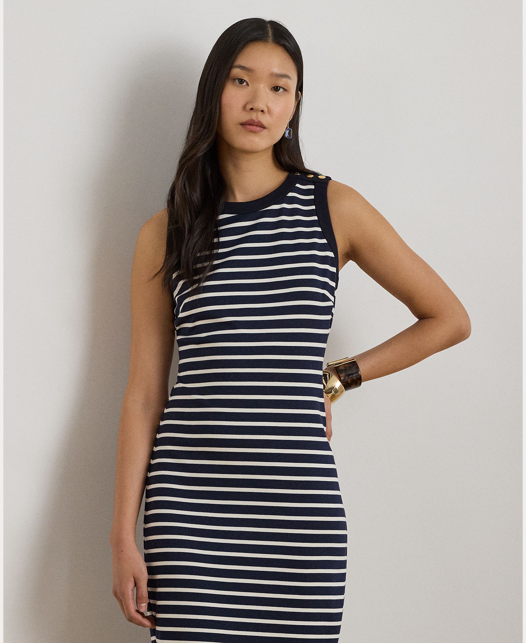 Vestido Midi Justo sem Mangas Azul / Bege-3
