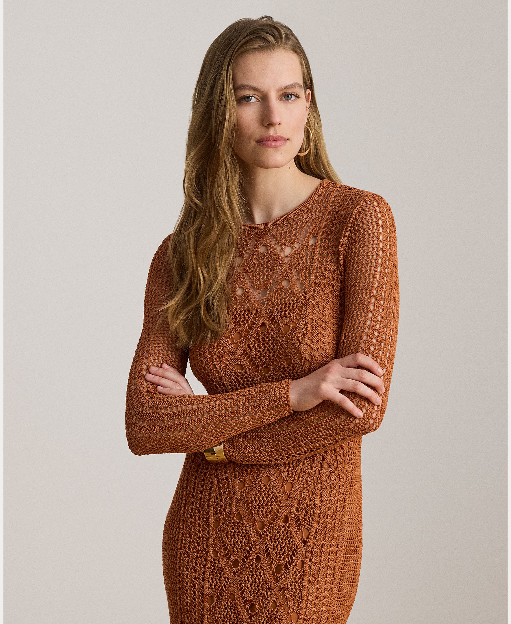 Vestido Midi de Crochet com Manga Comprida Caramelo-3