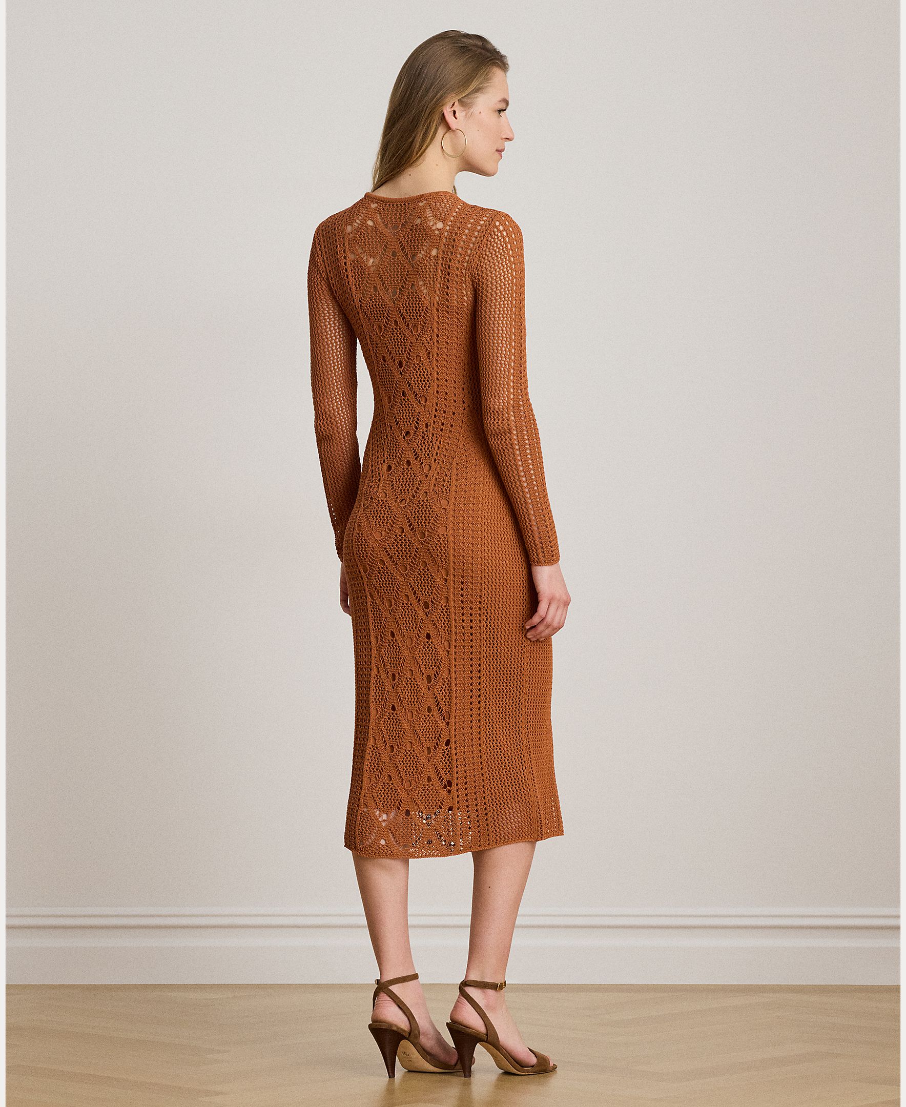 Vestido Midi de Crochet com Manga Comprida Caramelo-4