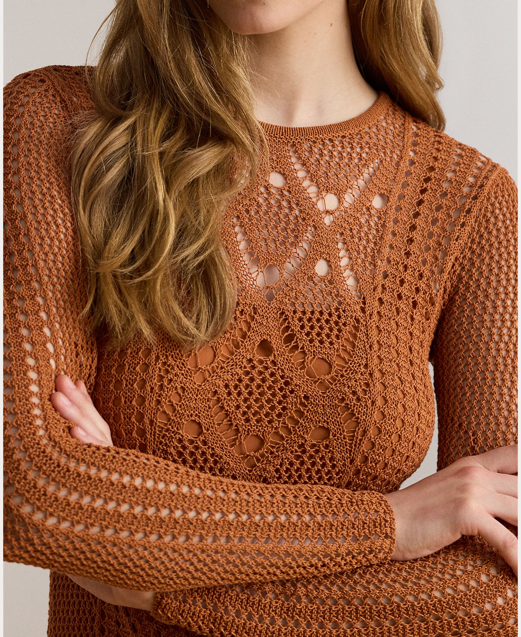 Vestido Midi de Crochet com Manga Comprida Caramelo-5