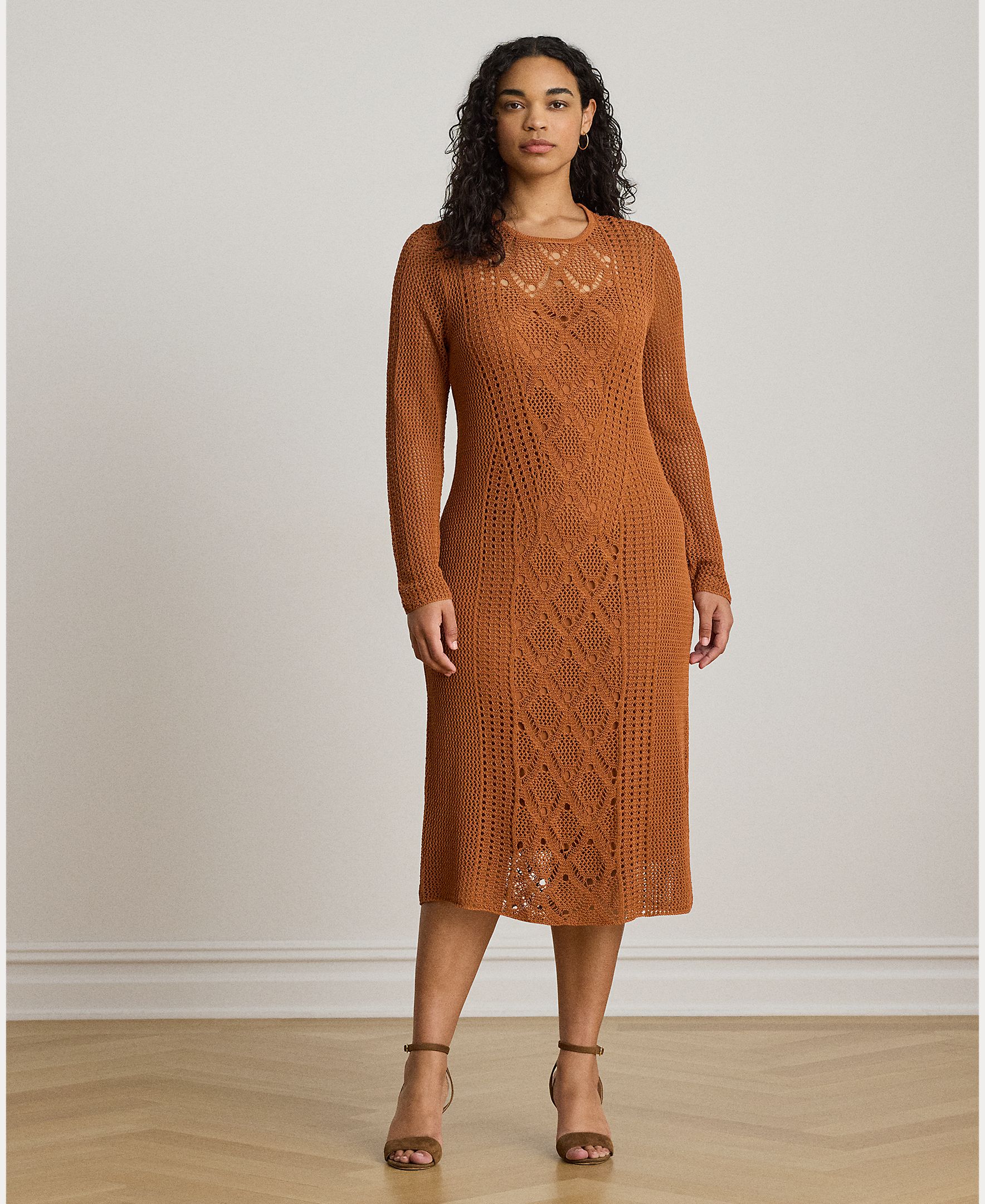 Vestido Midi de Crochet com Manga Comprida Caramelo-6