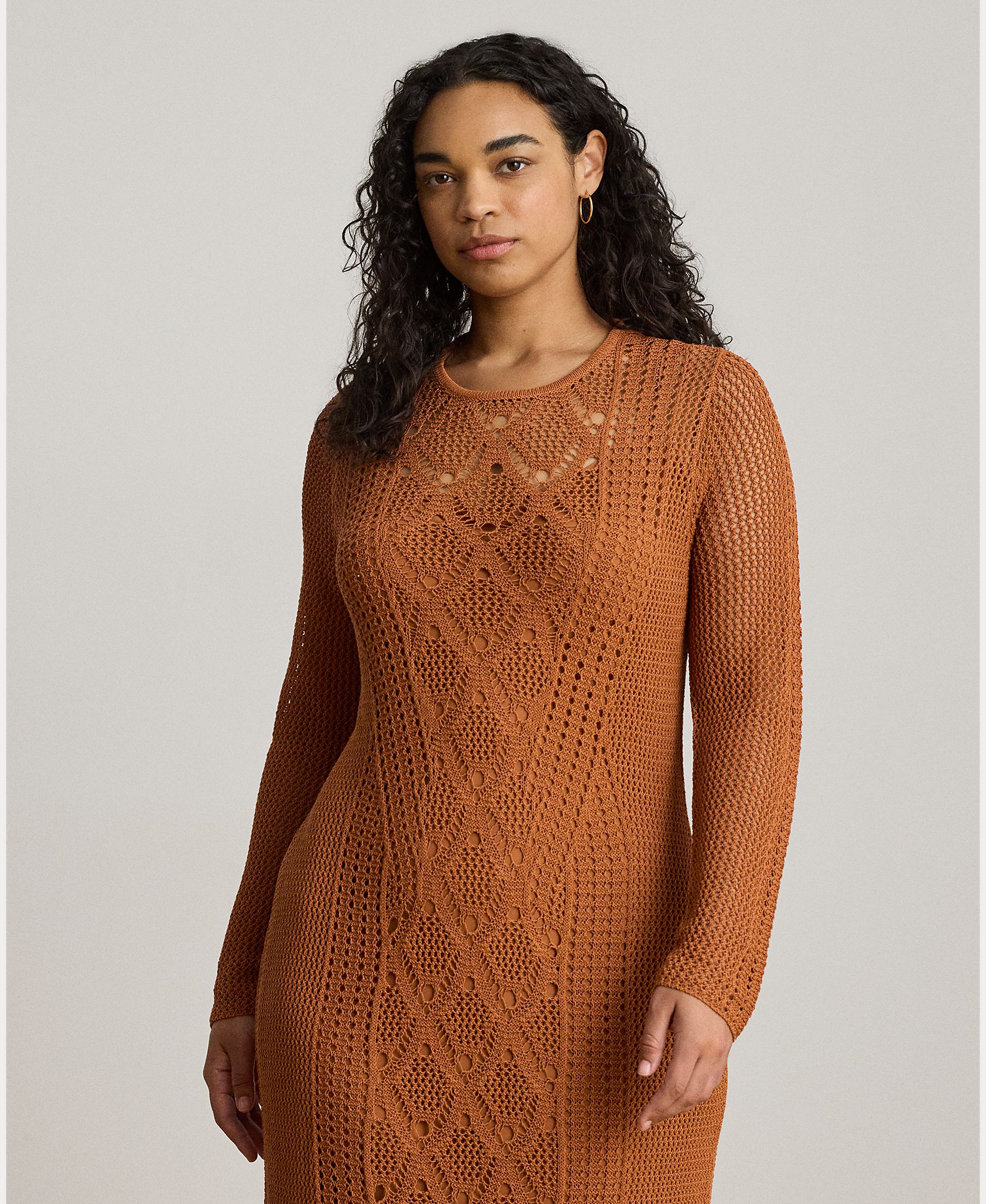 Vestido Midi de Crochet com Manga Comprida Caramelo-7