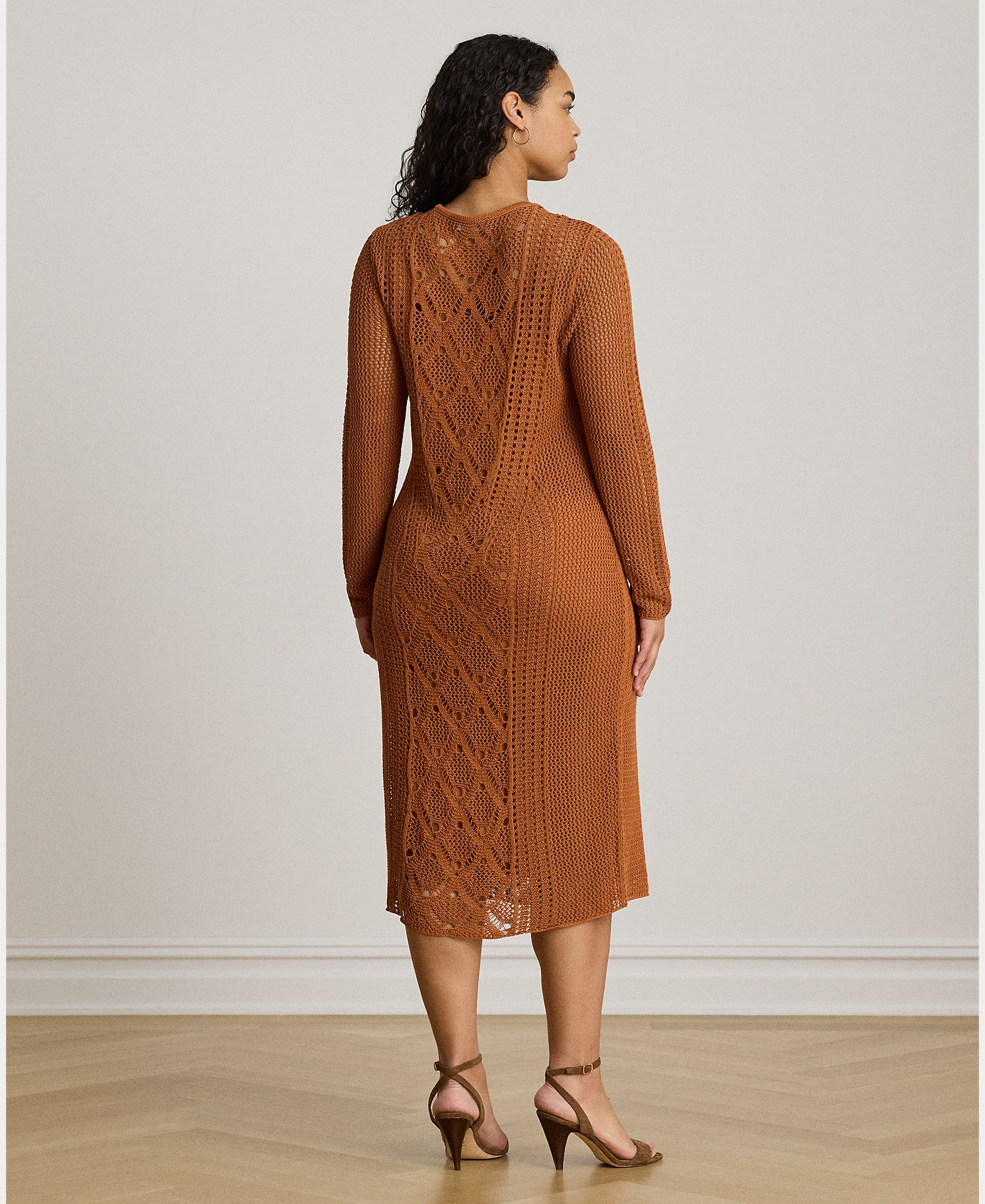 Vestido Midi de Crochet com Manga Comprida Caramelo-8