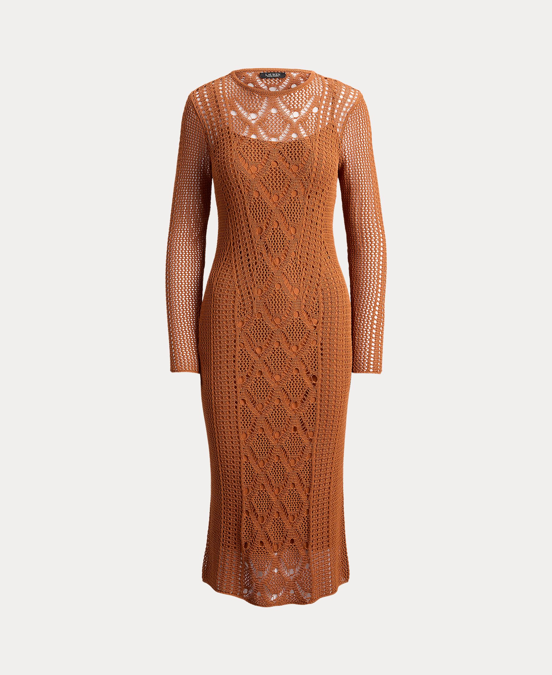 Vestido Midi de Crochet com Manga Comprida Caramelo-9