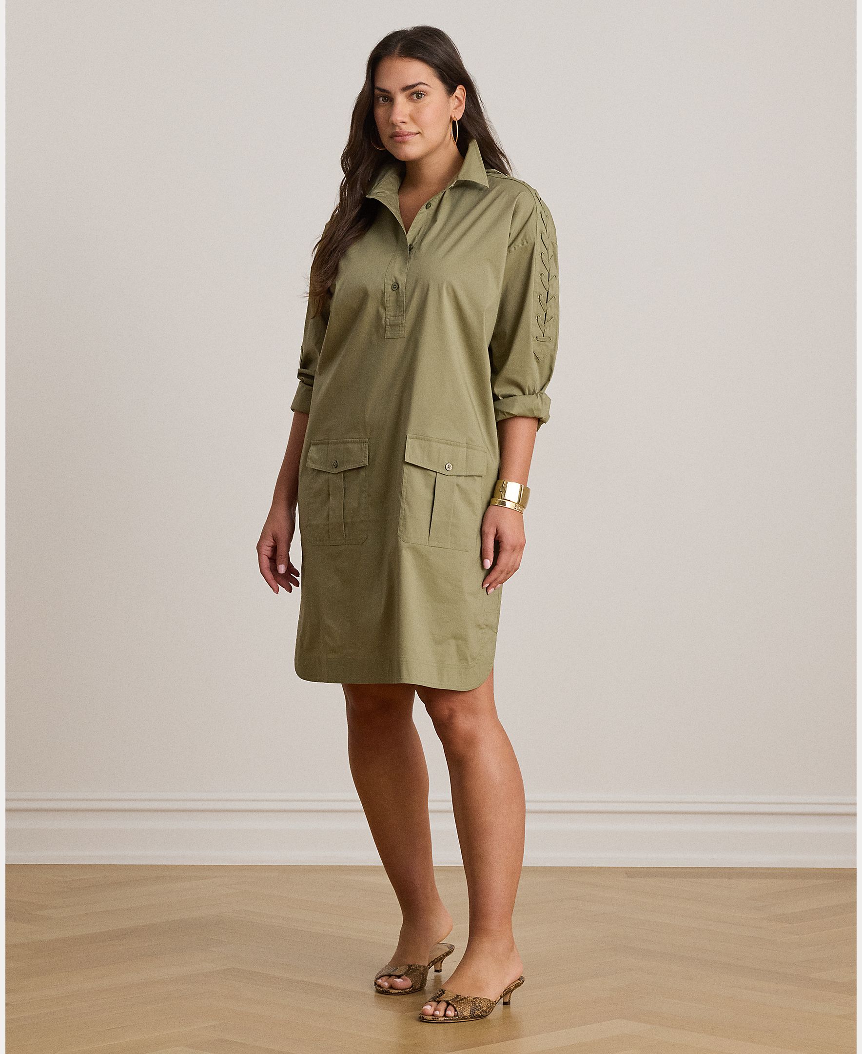 Vestido Curto de Sarja de Algodão com Manga Comprida Caqui-6