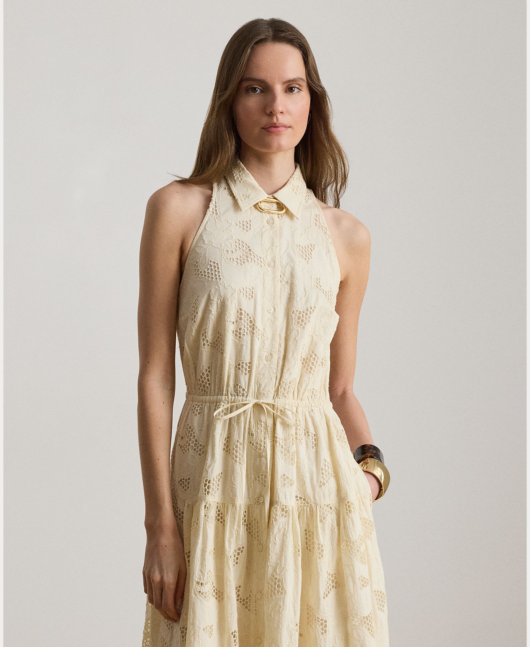 Vestido Midi de Algodão sem Mangas Creme-3