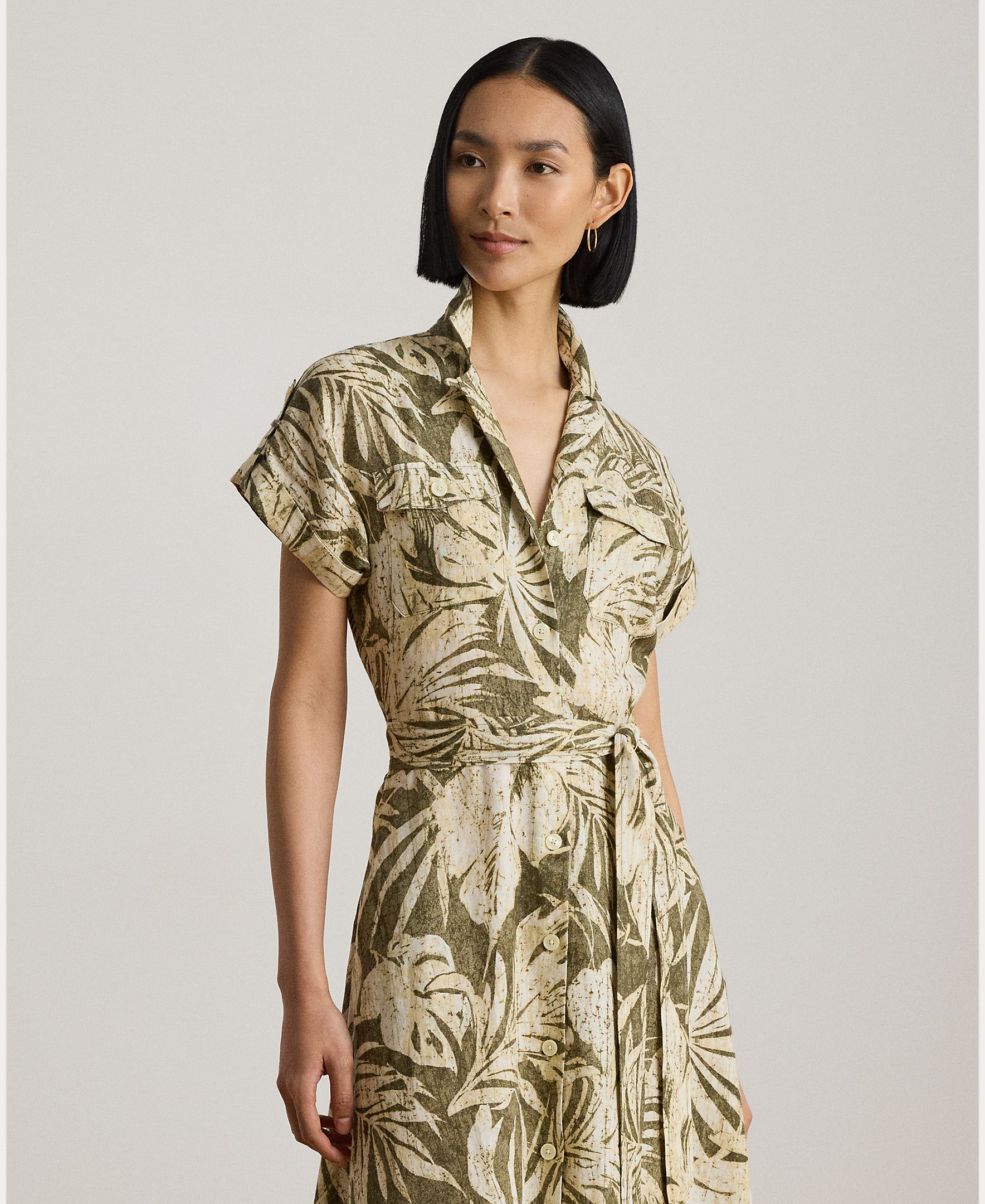 Vestido Midi de Linho com Estampado e Cinto Caqui-3
