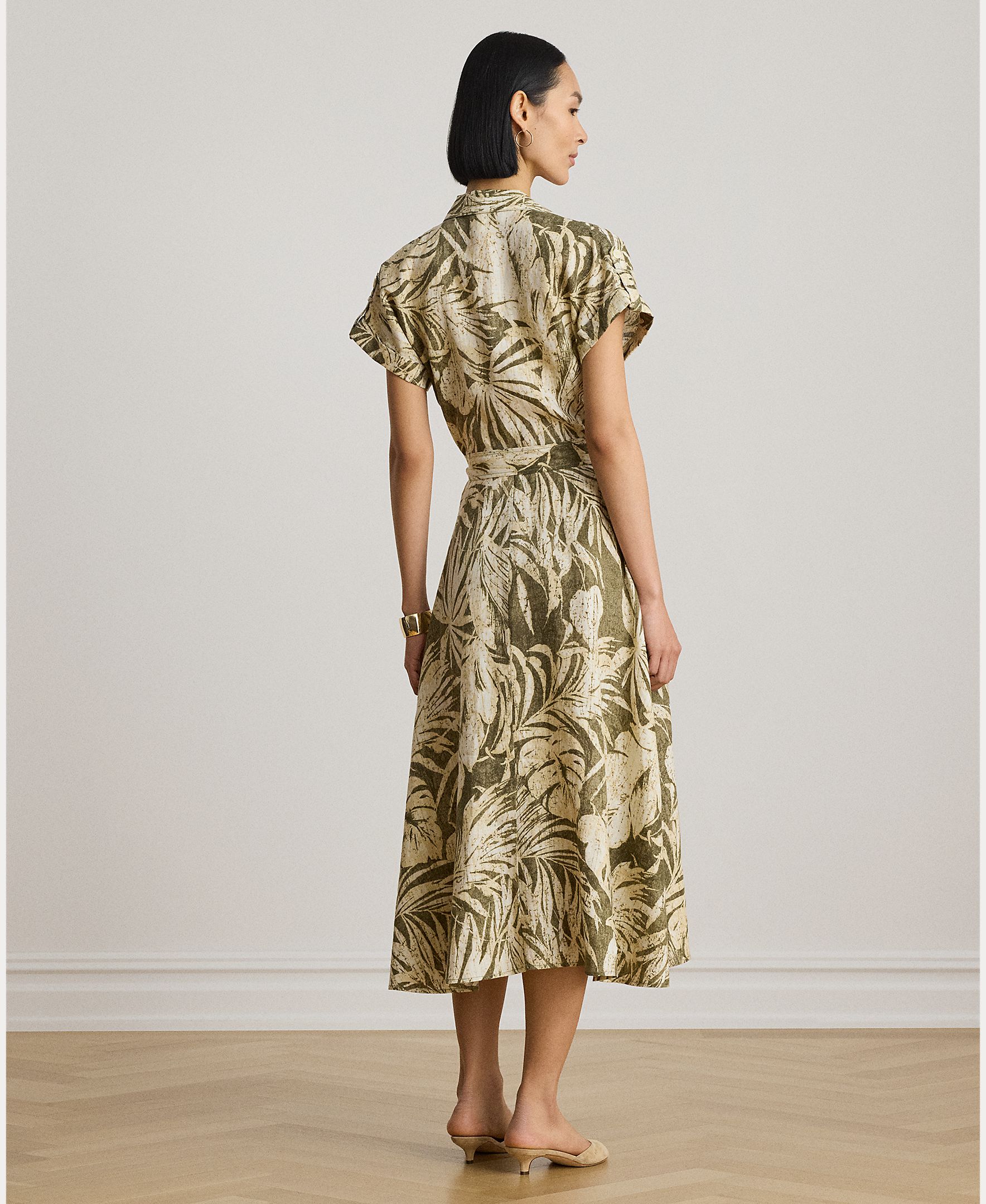 Vestido Midi de Linho com Estampado e Cinto Caqui-4