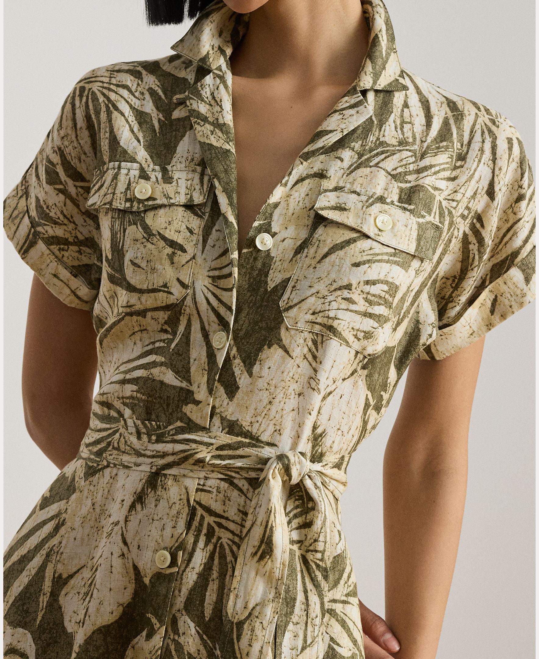 Vestido Midi de Linho com Estampado e Cinto Caqui-5