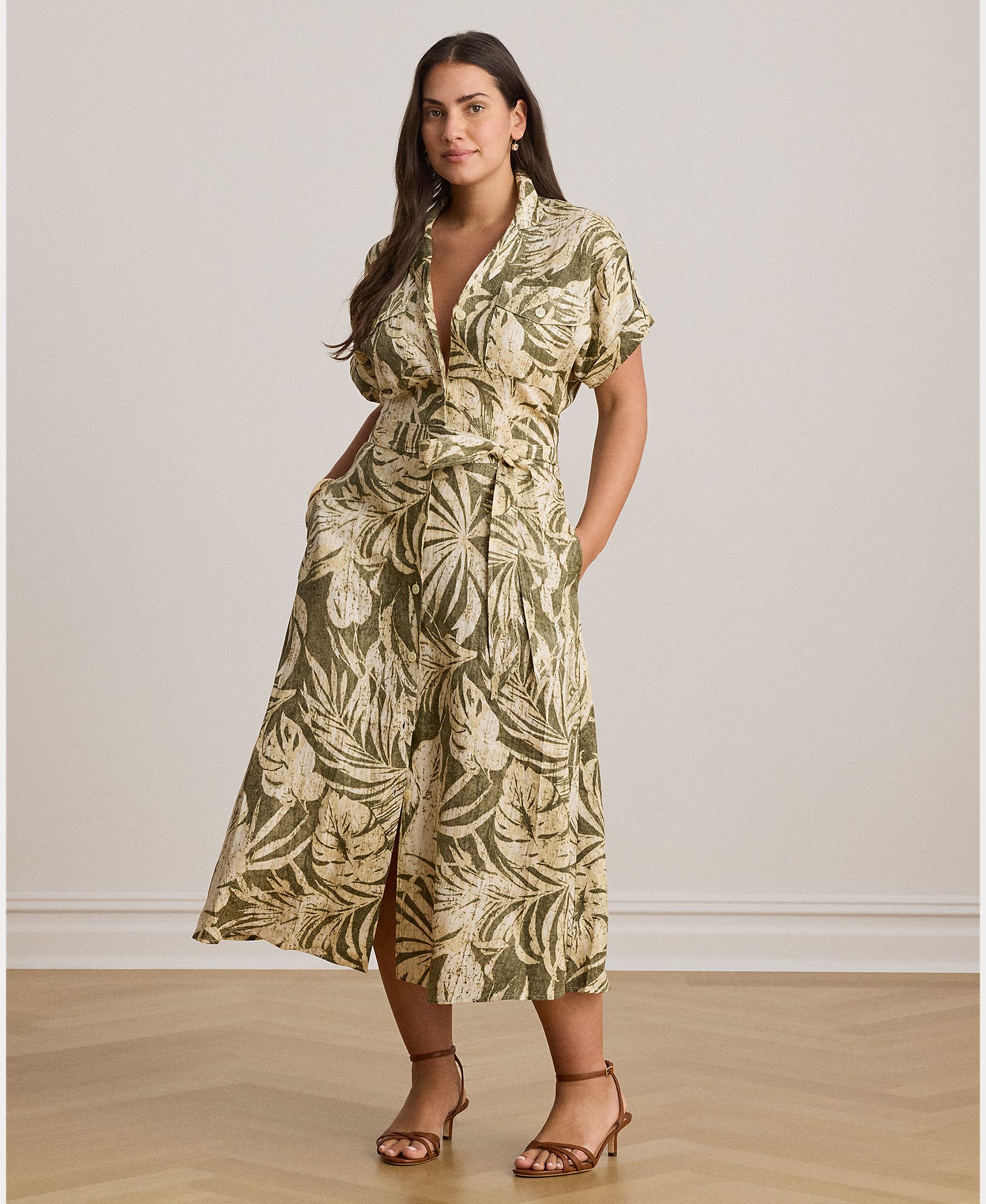 Vestido Midi de Linho com Estampado e Cinto Caqui-6