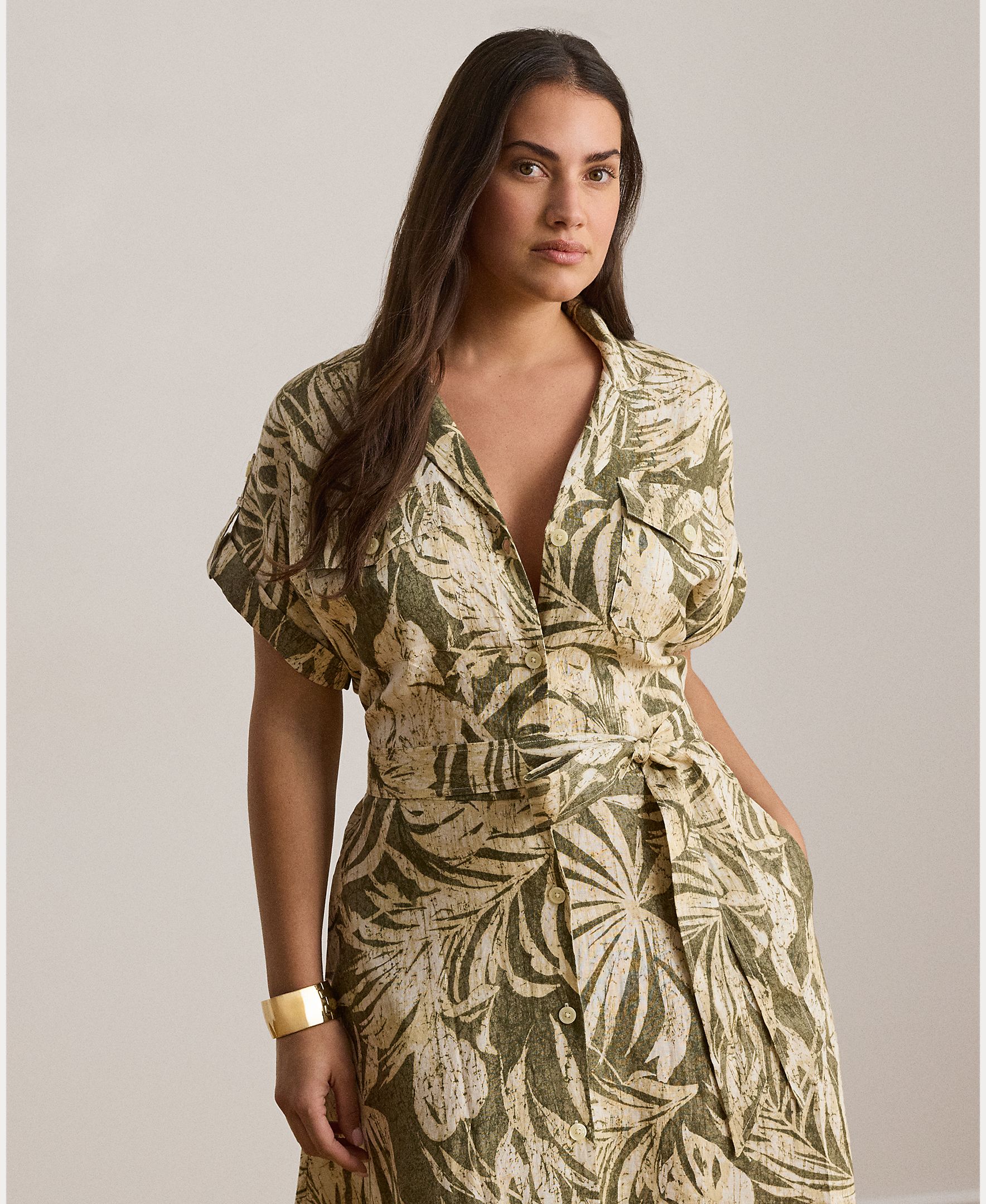 Vestido Midi de Linho com Estampado e Cinto Caqui-7