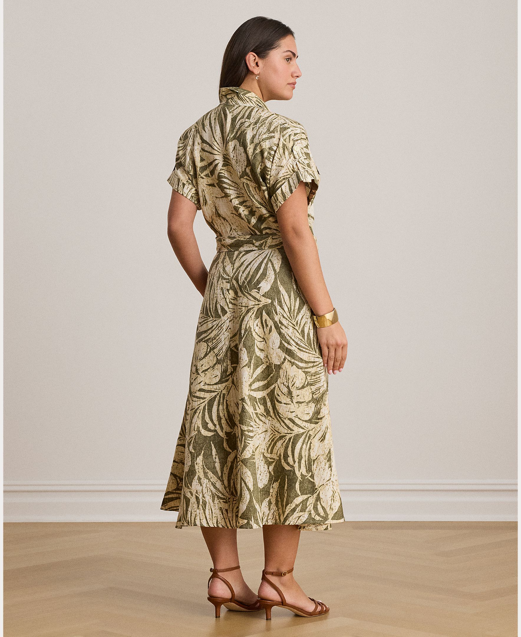 Vestido Midi de Linho com Estampado e Cinto Caqui-8