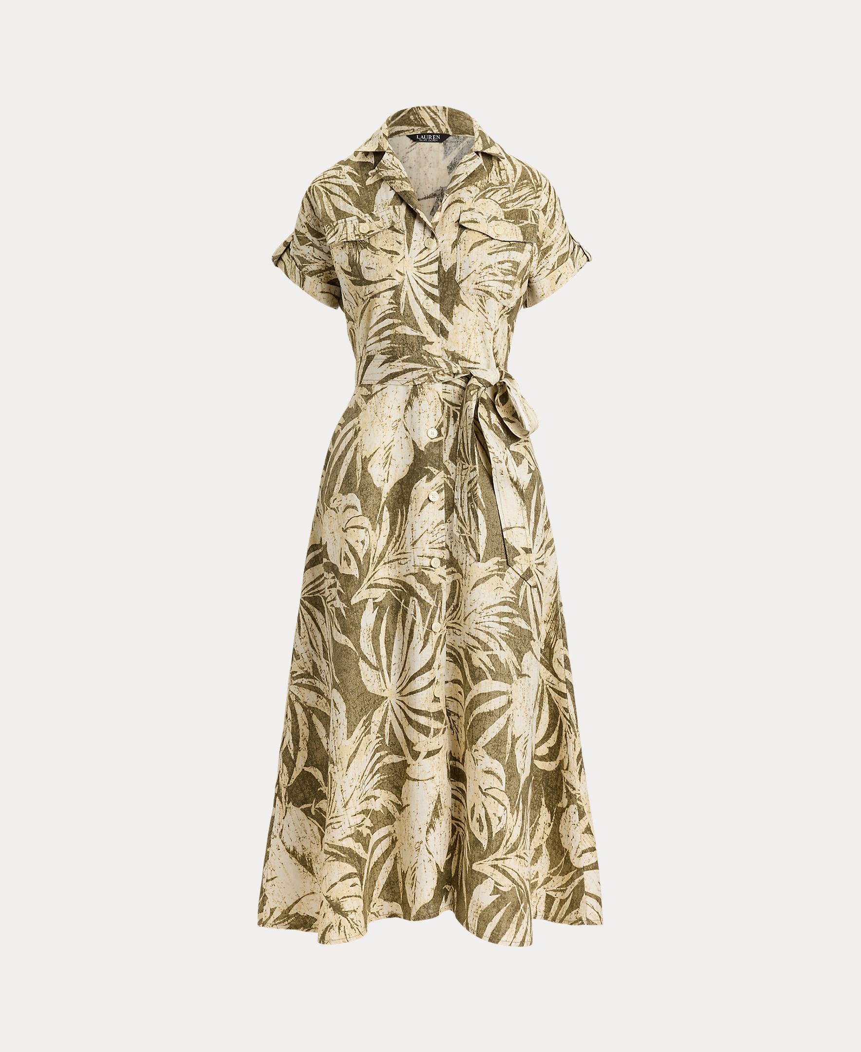 Vestido Midi de Linho com Estampado e Cinto Caqui-9