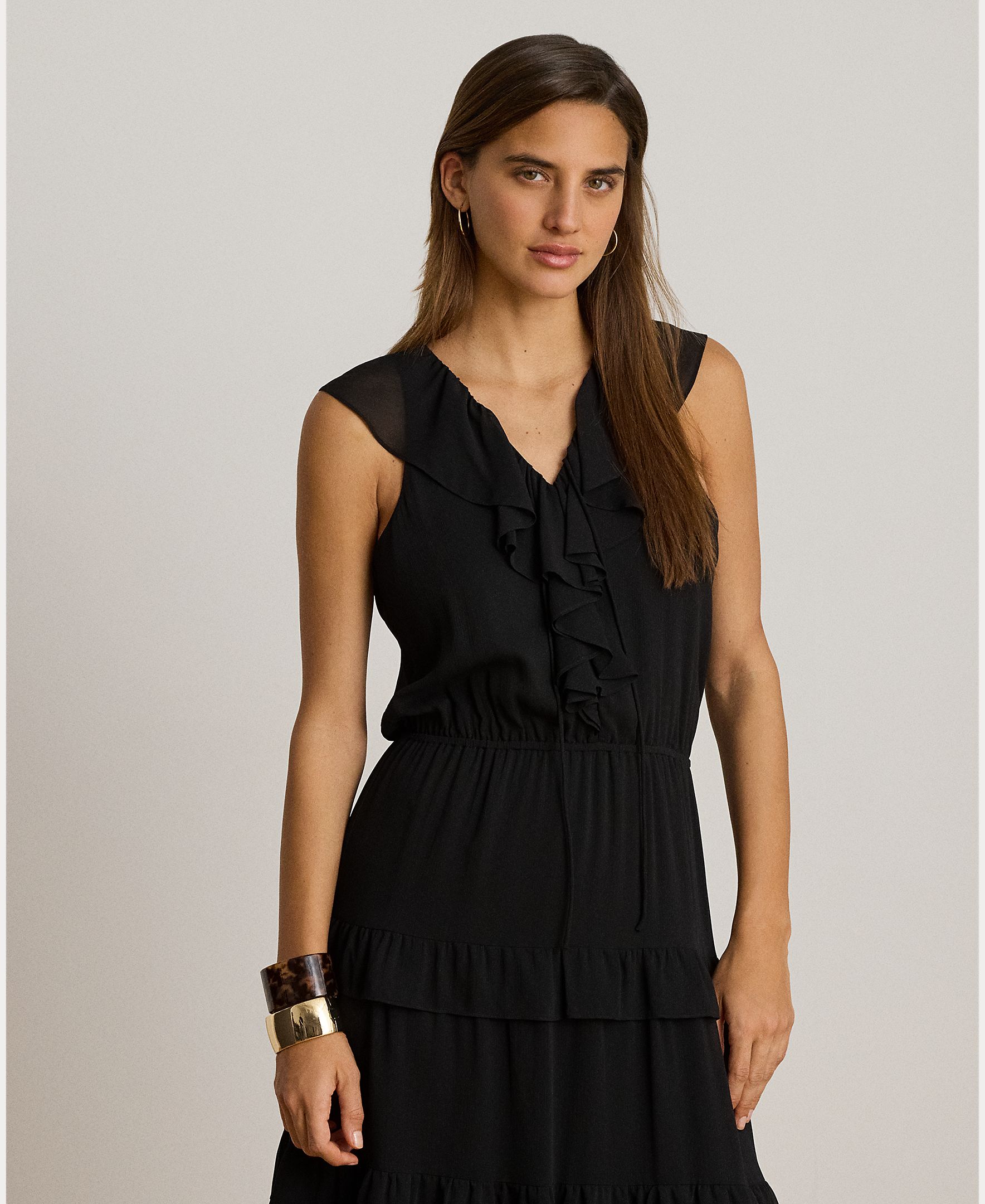 Vestido Midi sem Mangas com Folhos Preto-3