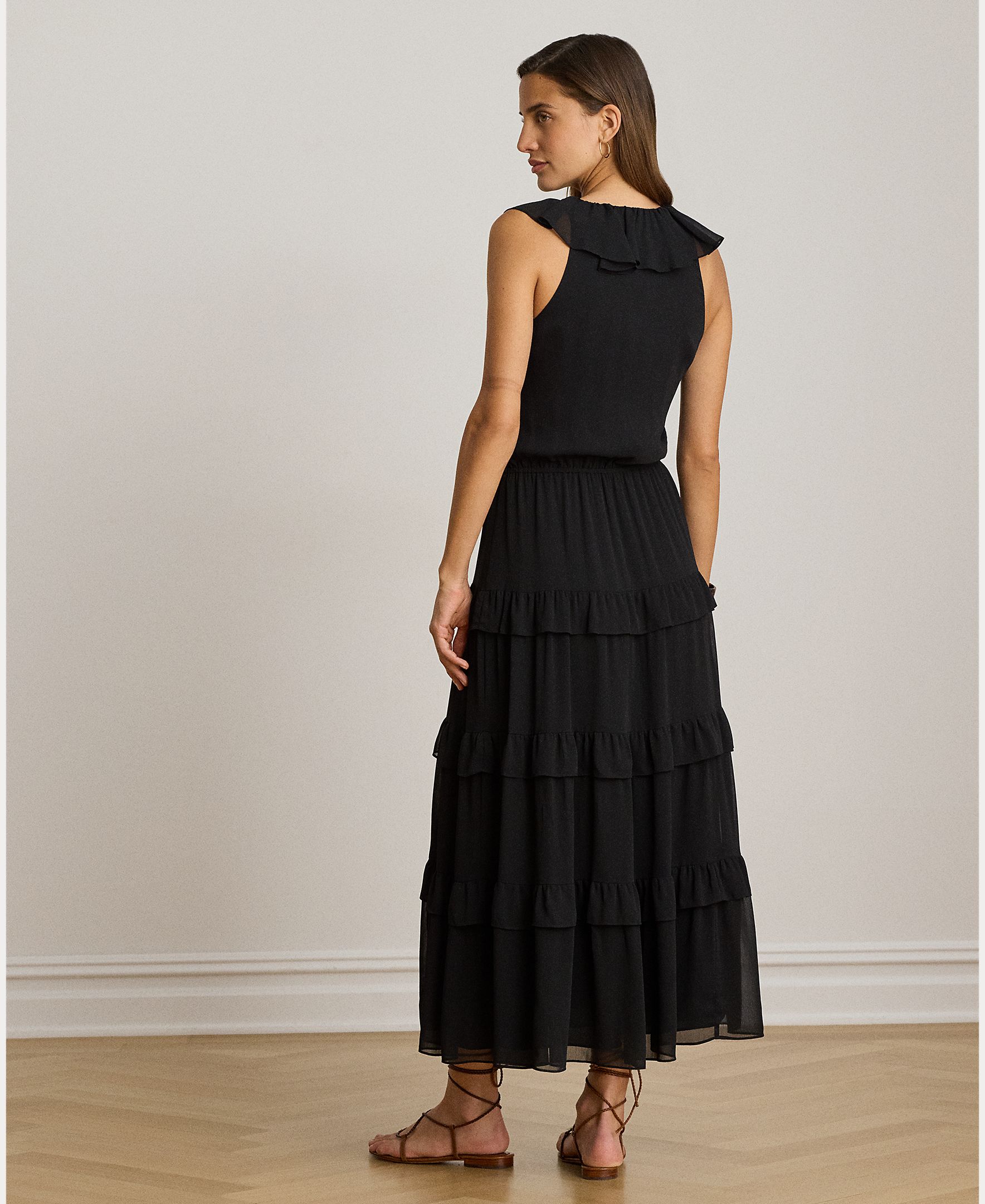 Vestido Midi sem Mangas com Folhos Preto-4