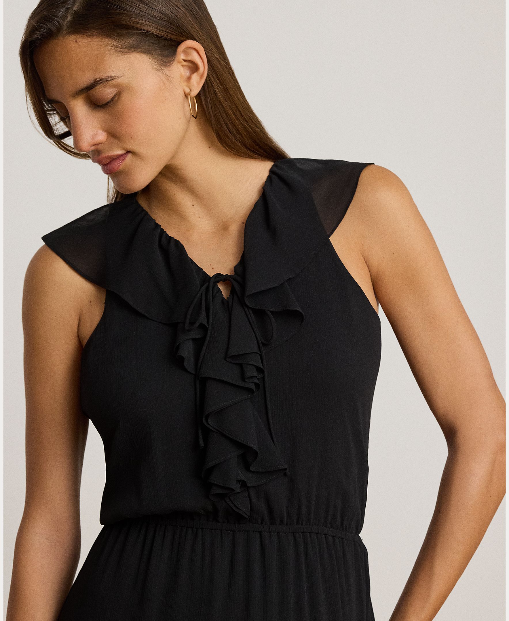 Vestido Midi sem Mangas com Folhos Preto-5