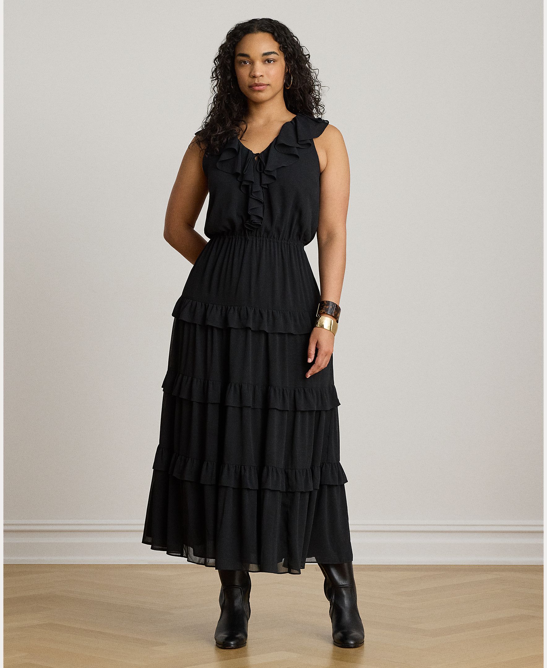 Vestido Midi sem Mangas com Folhos Preto-6