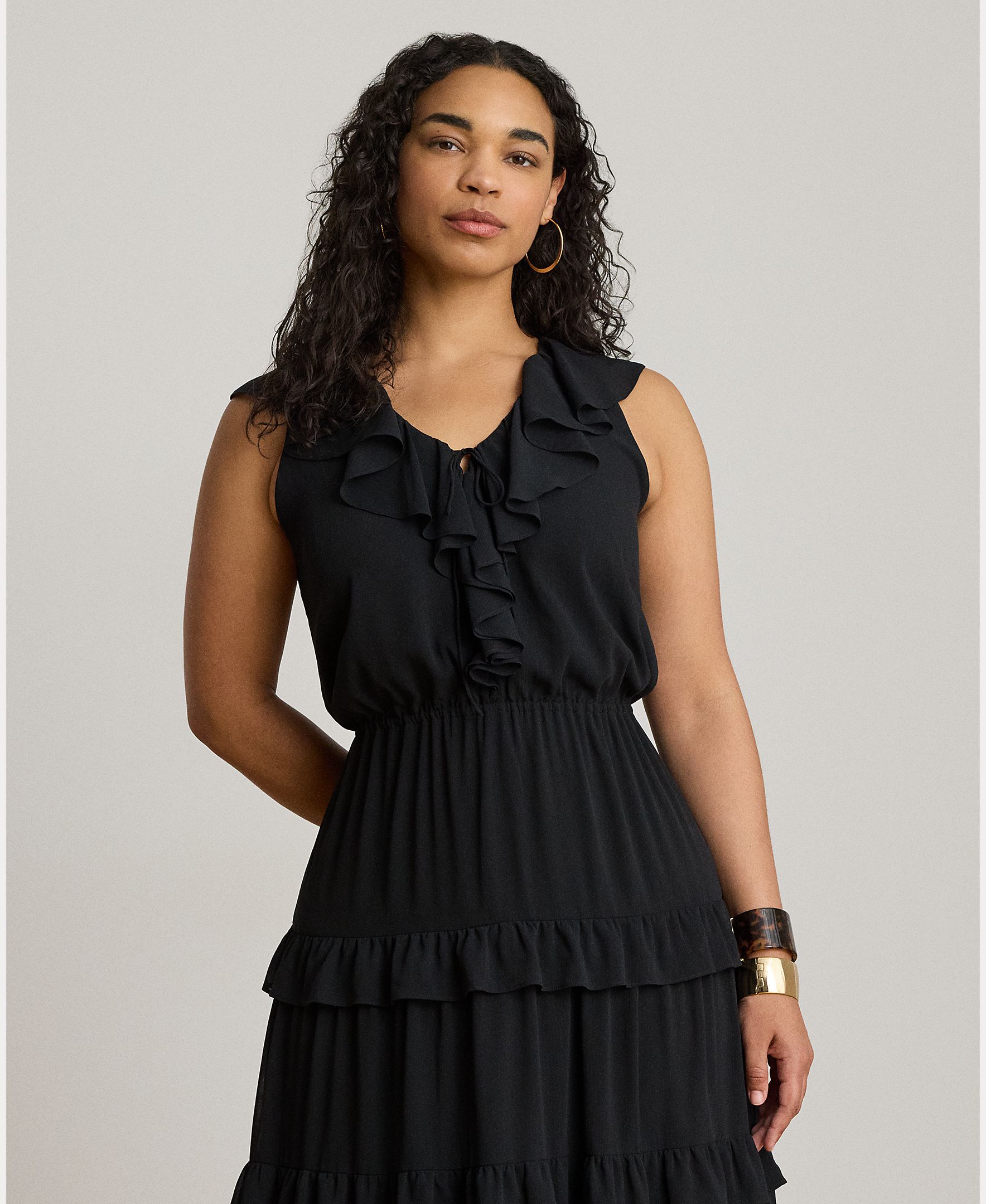 Vestido Midi sem Mangas com Folhos Preto-7