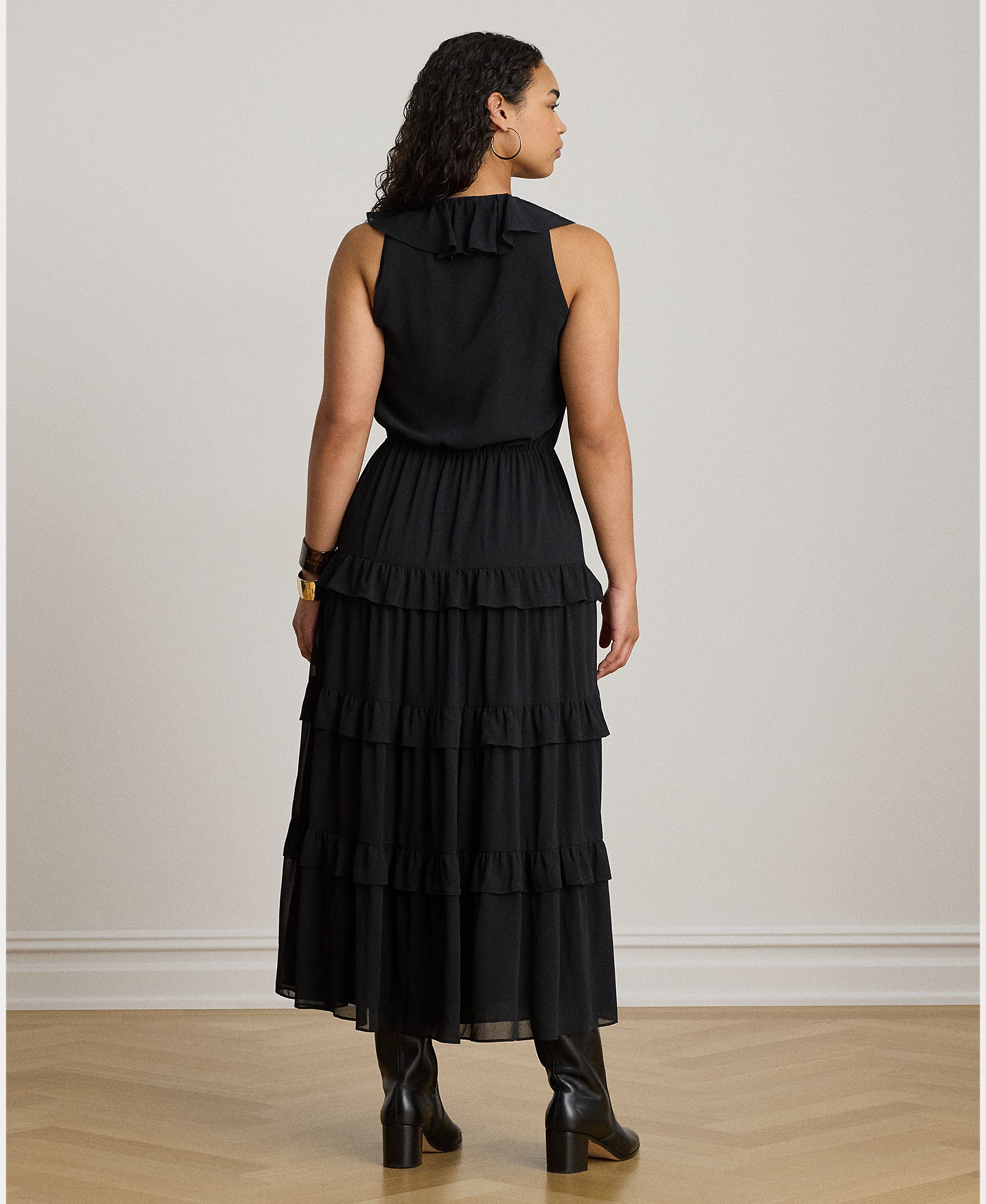 Vestido Midi sem Mangas com Folhos Preto-8