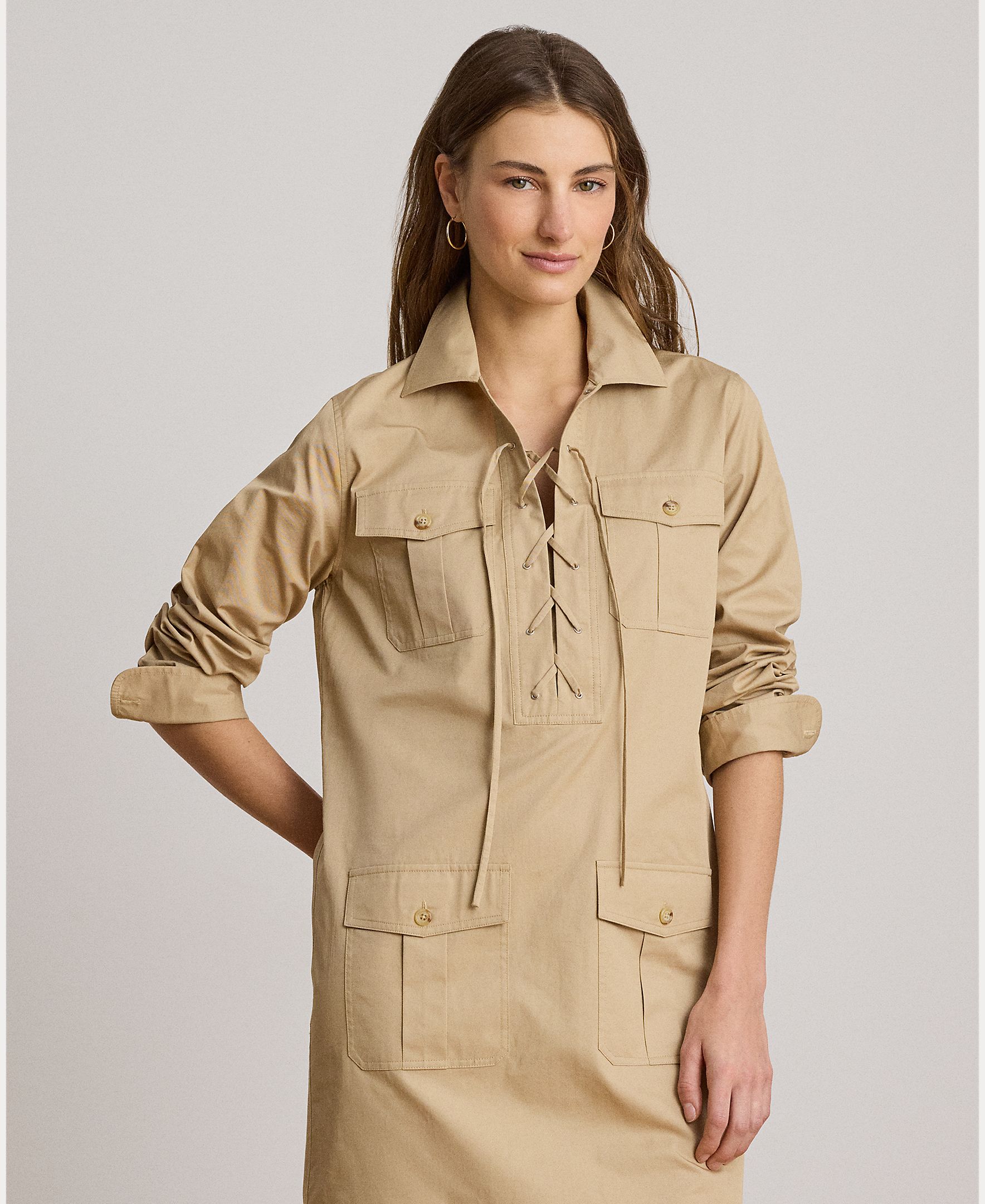 Vestido Curto de Algodão com Bolsos de Remendo Camel-3