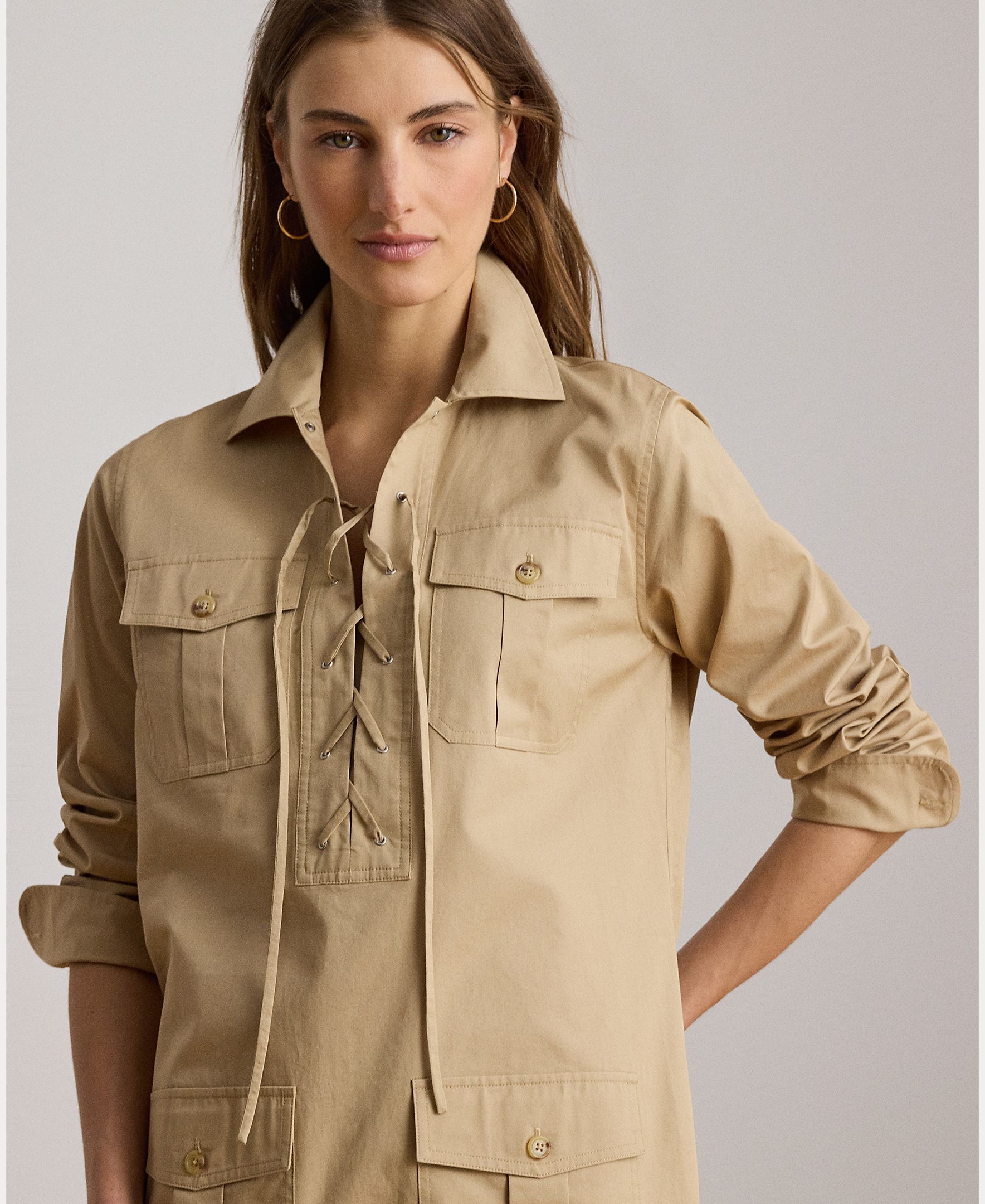 Vestido Curto de Algodão com Bolsos de Remendo Camel-5
