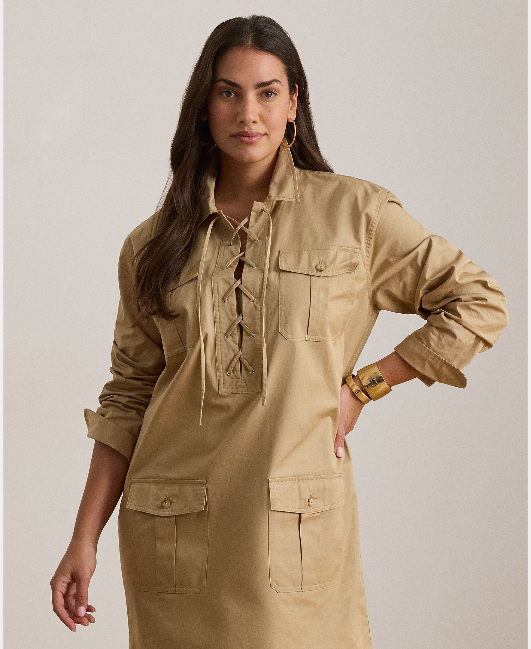 Vestido Curto de Algodão com Bolsos de Remendo Camel-7
