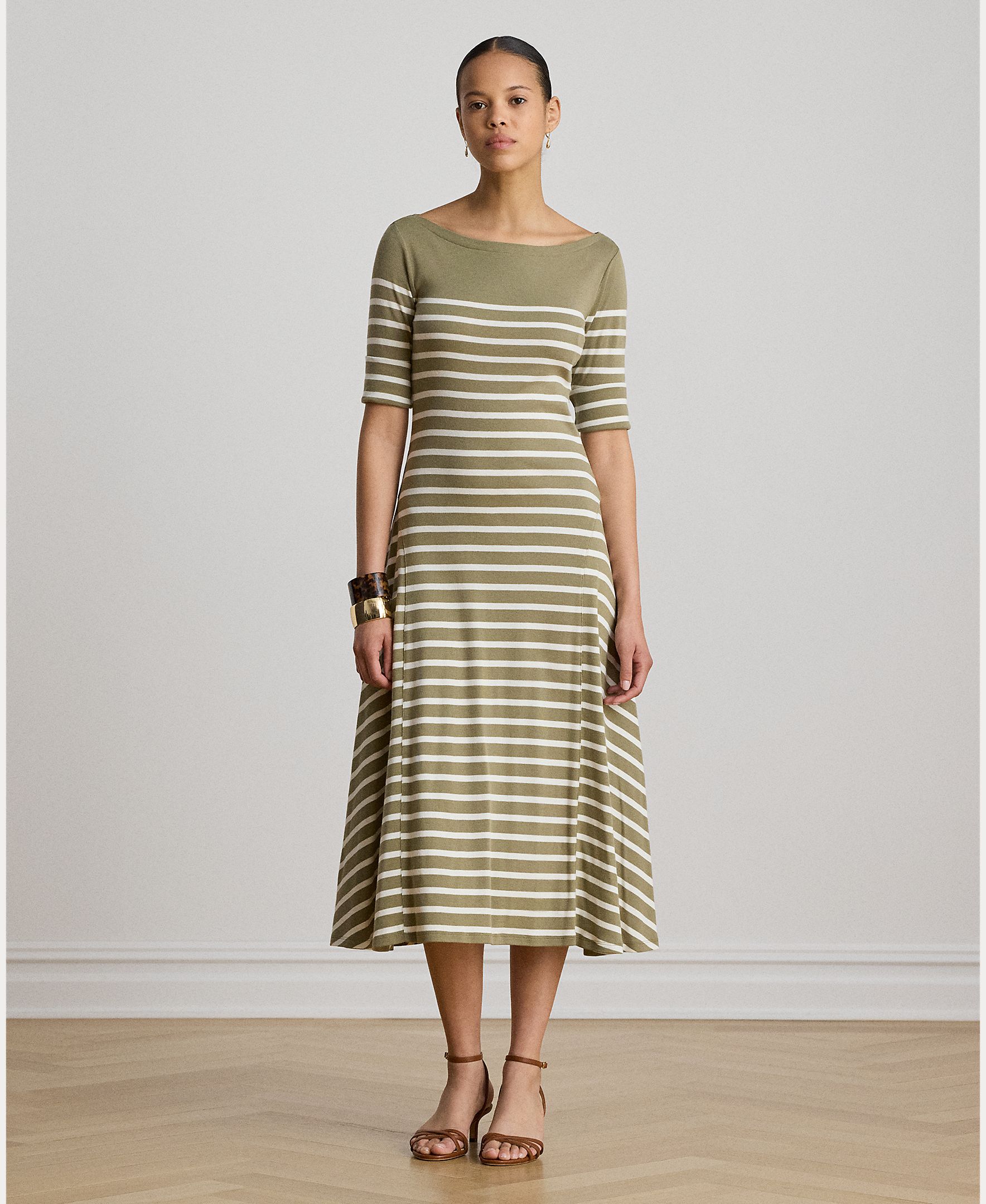Imagem 0 de Vestido Midi de Algodão Canelado às Riscas