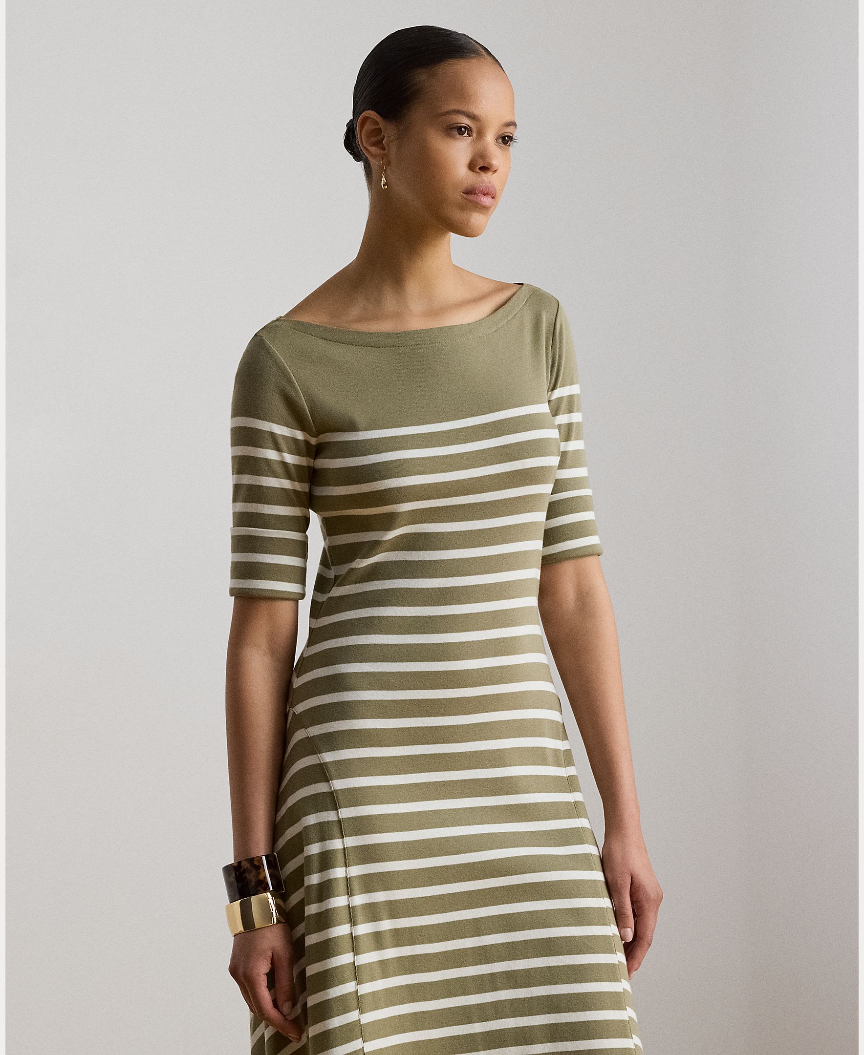 Vestido Midi de Algodão Canelado às Riscas Caqui-3