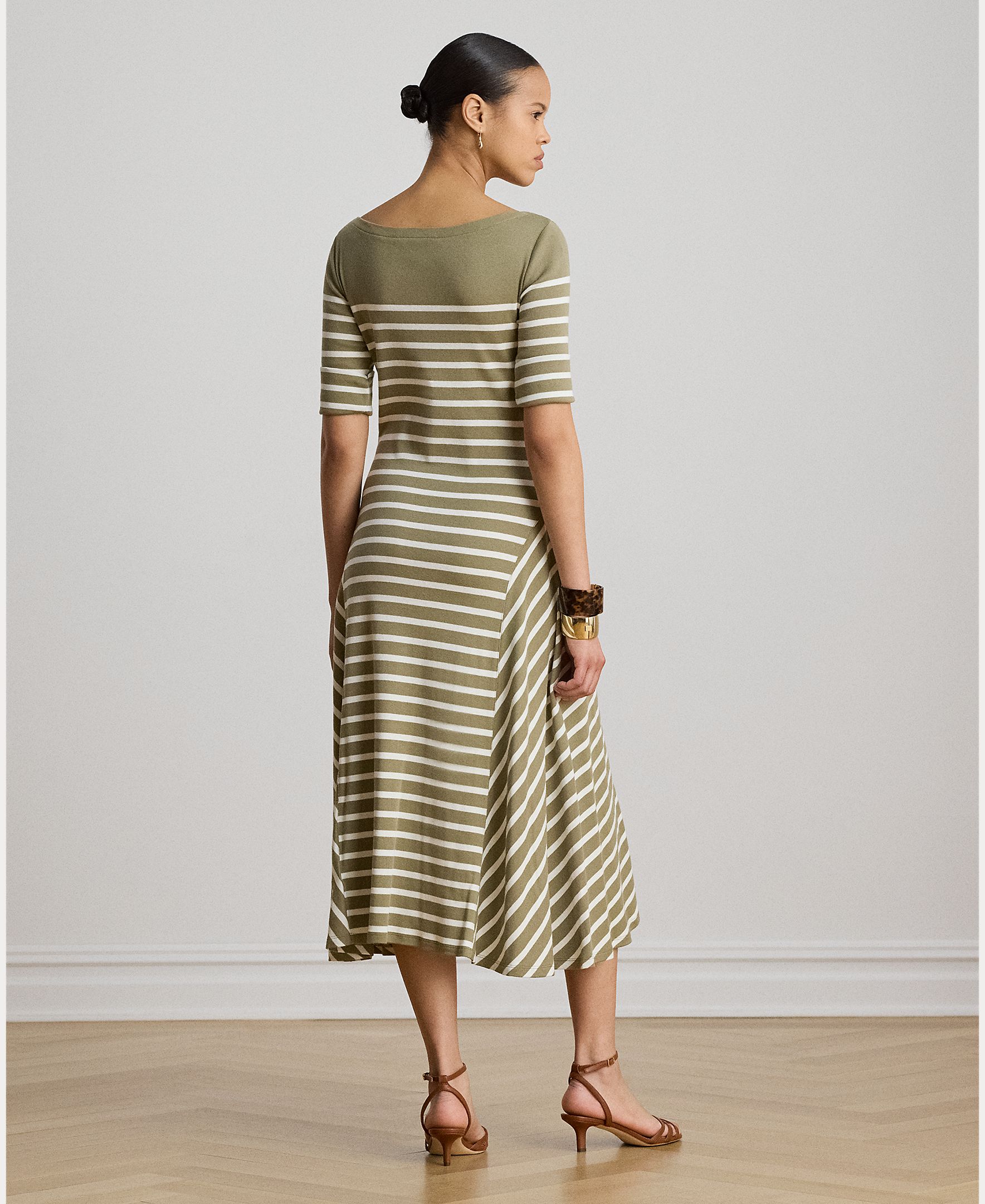 Vestido Midi de Algodão Canelado às Riscas Caqui-4
