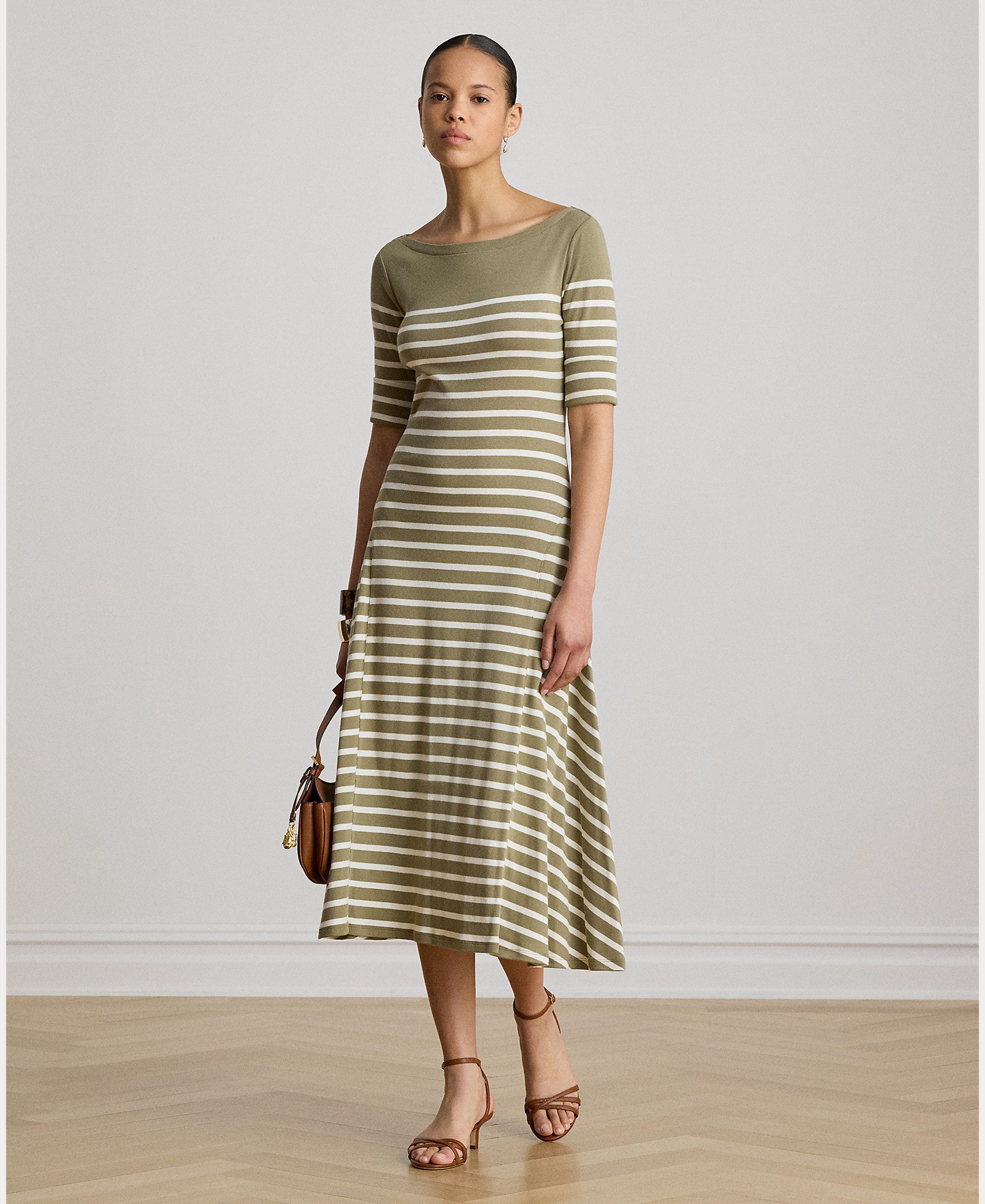 Vestido Midi de Algodão Canelado às Riscas Caqui-6