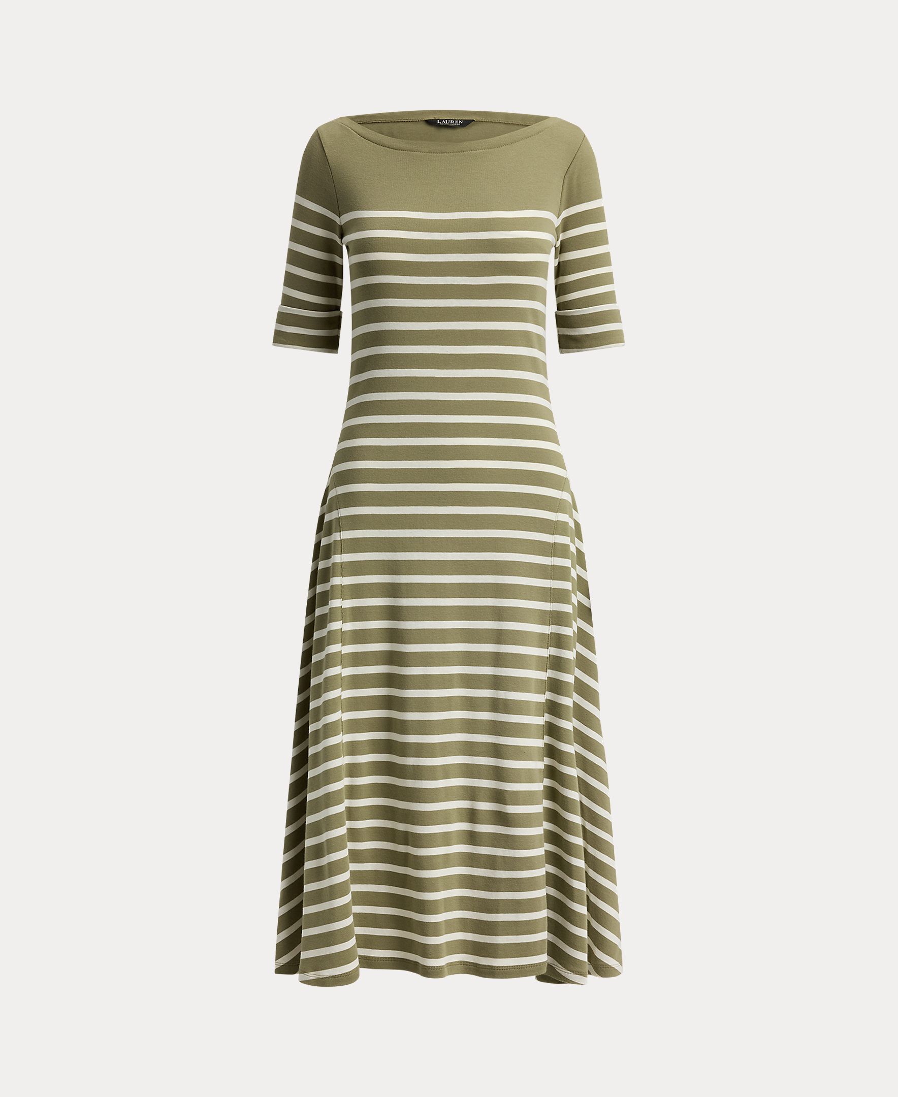 Vestido Midi de Algodão Canelado às Riscas Caqui-7