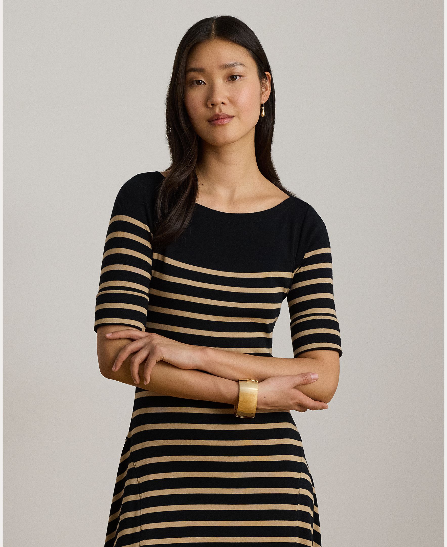 Vestido Midi de Algodão Canelado às Riscas Preto-3