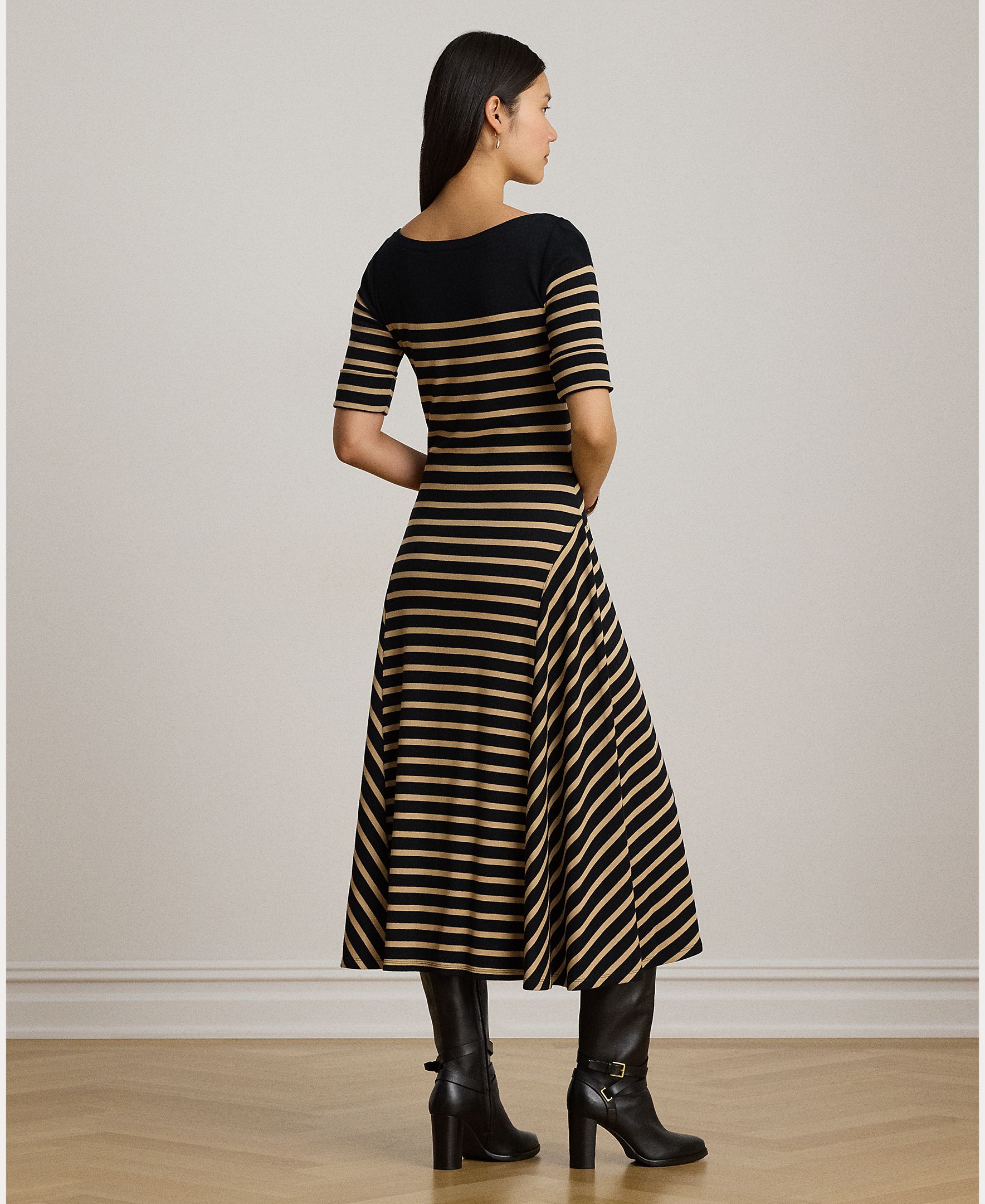 Vestido Midi de Algodão Canelado às Riscas Preto-4