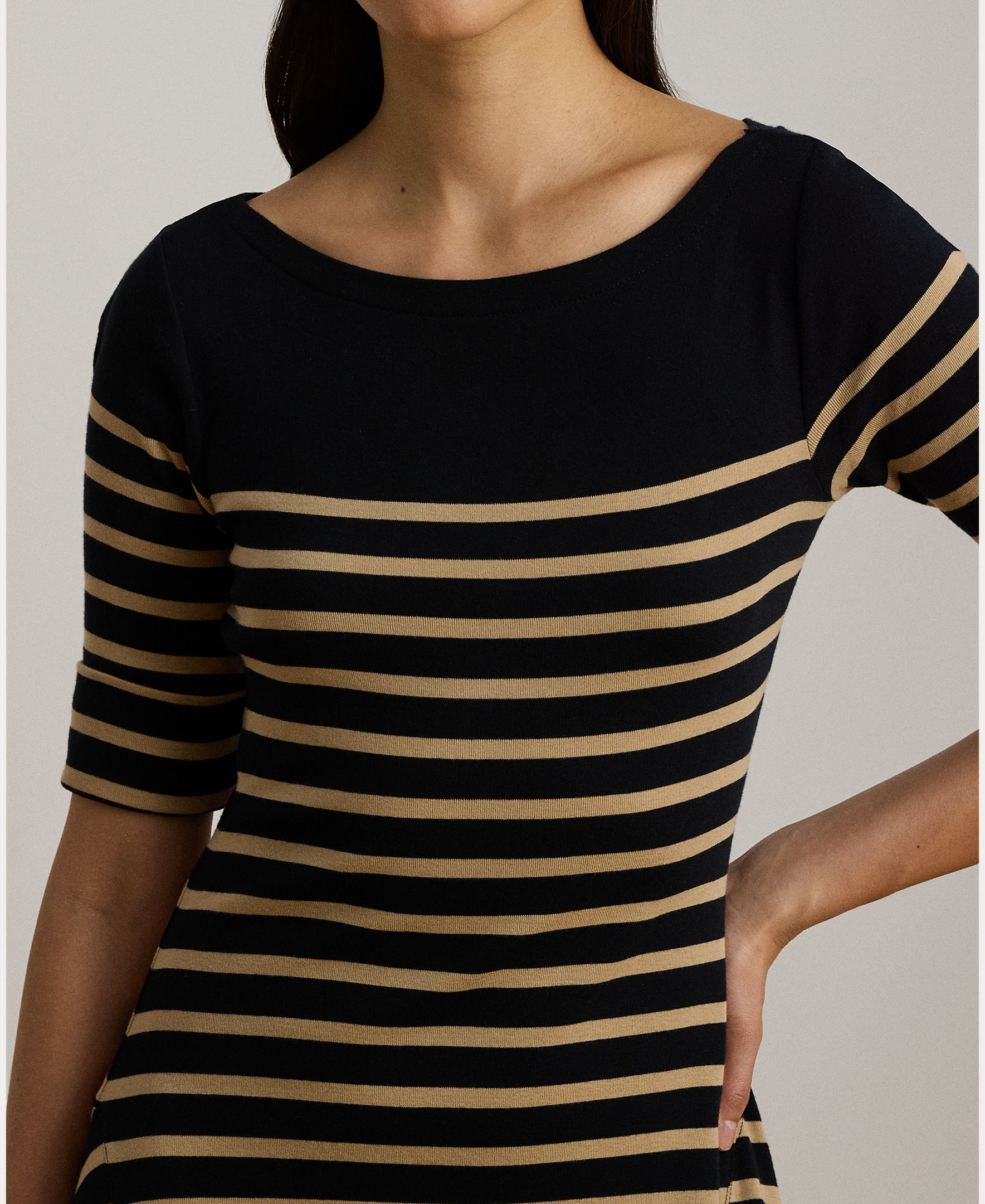 Vestido Midi de Algodão Canelado às Riscas Preto-5
