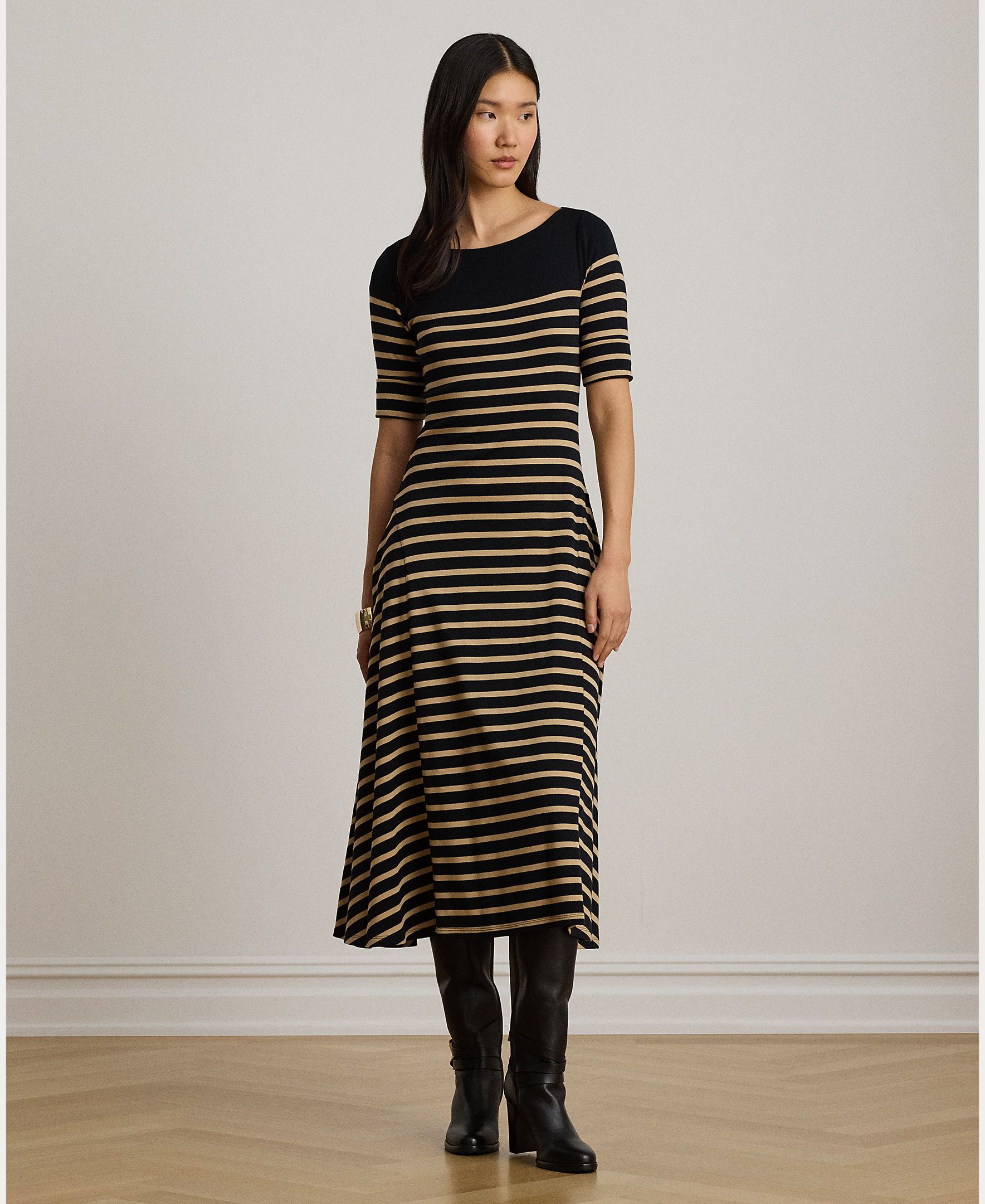 Vestido Midi de Algodão Canelado às Riscas Preto-6